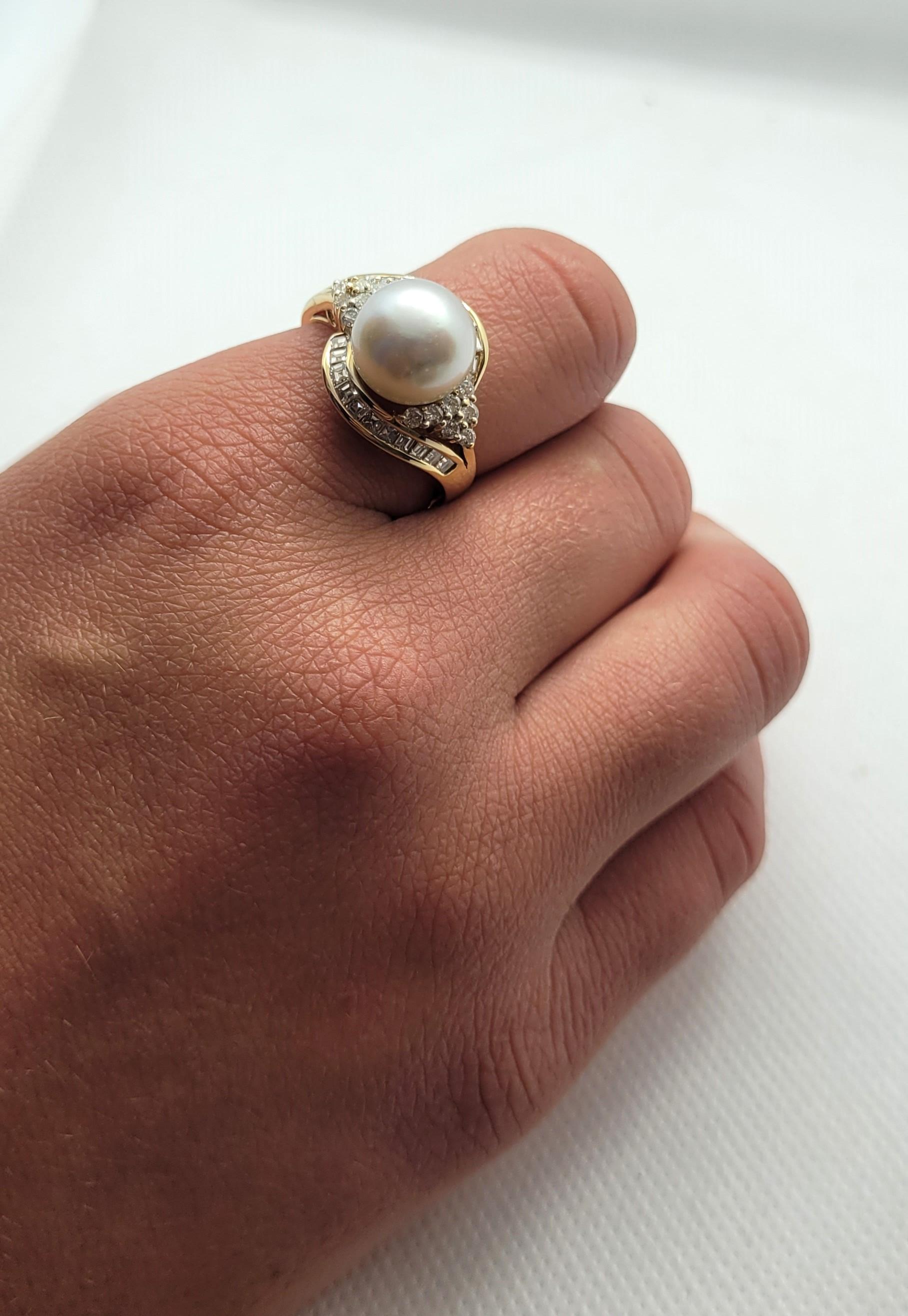 18kt Yellow Gold Pearl Diamond Ring, 10.5mm Silver White Pearl, .65cttw, 9.25 Sz For Sale 1
