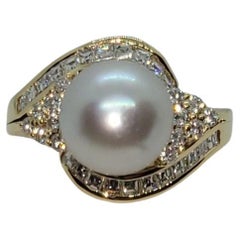 18kt Yellow Gold Pearl Diamond Ring, 10.5mm Silver White Pearl, .65cttw, 9.25 Sz