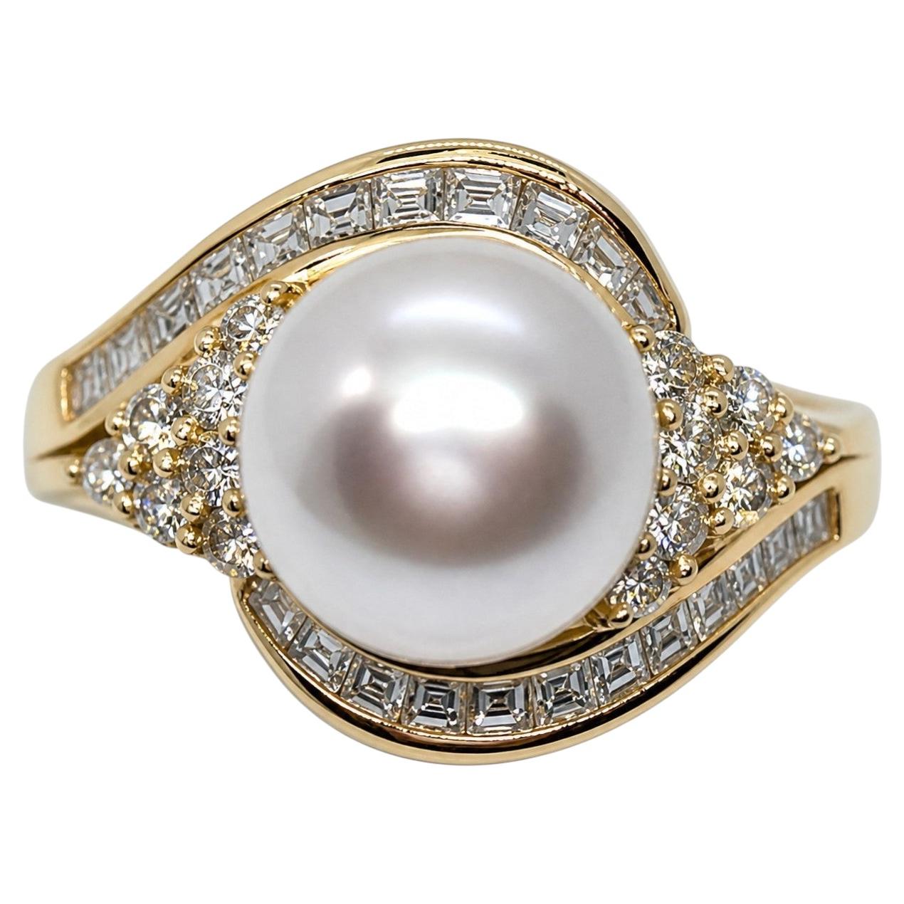 Bague en or jaune 18kt perle diamant, 10.5mm Silver perle blanche, .65cttw, 9.25 Sz