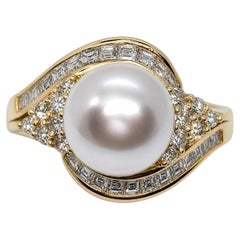 18kt Yellow Gold Pearl Diamond Ring, 10.5mm Silver White Pearl, .65cttw, 9.25 Sz