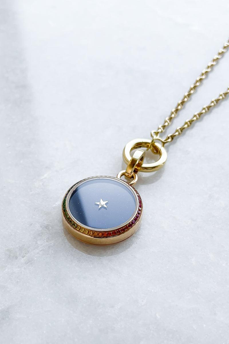 Contemporary 18kt Yellow Gold Pendant and Blue Aventurine Glass and Rainbow Sapphires For Sale