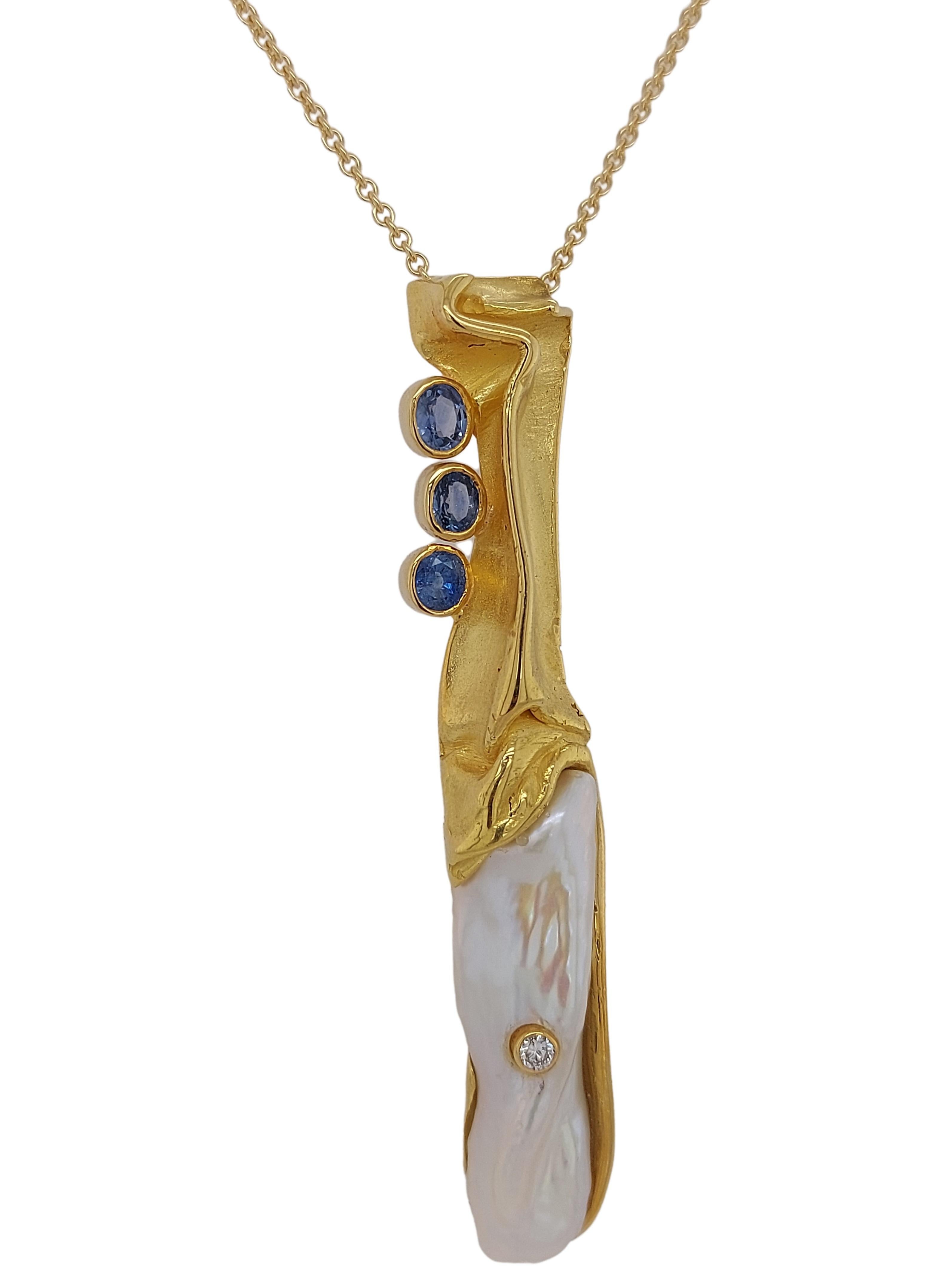 Artisan 18kt Yellow Gold Pendant /Necklace by De Saedeleer with Pearl, Diamond, Sapphire For Sale