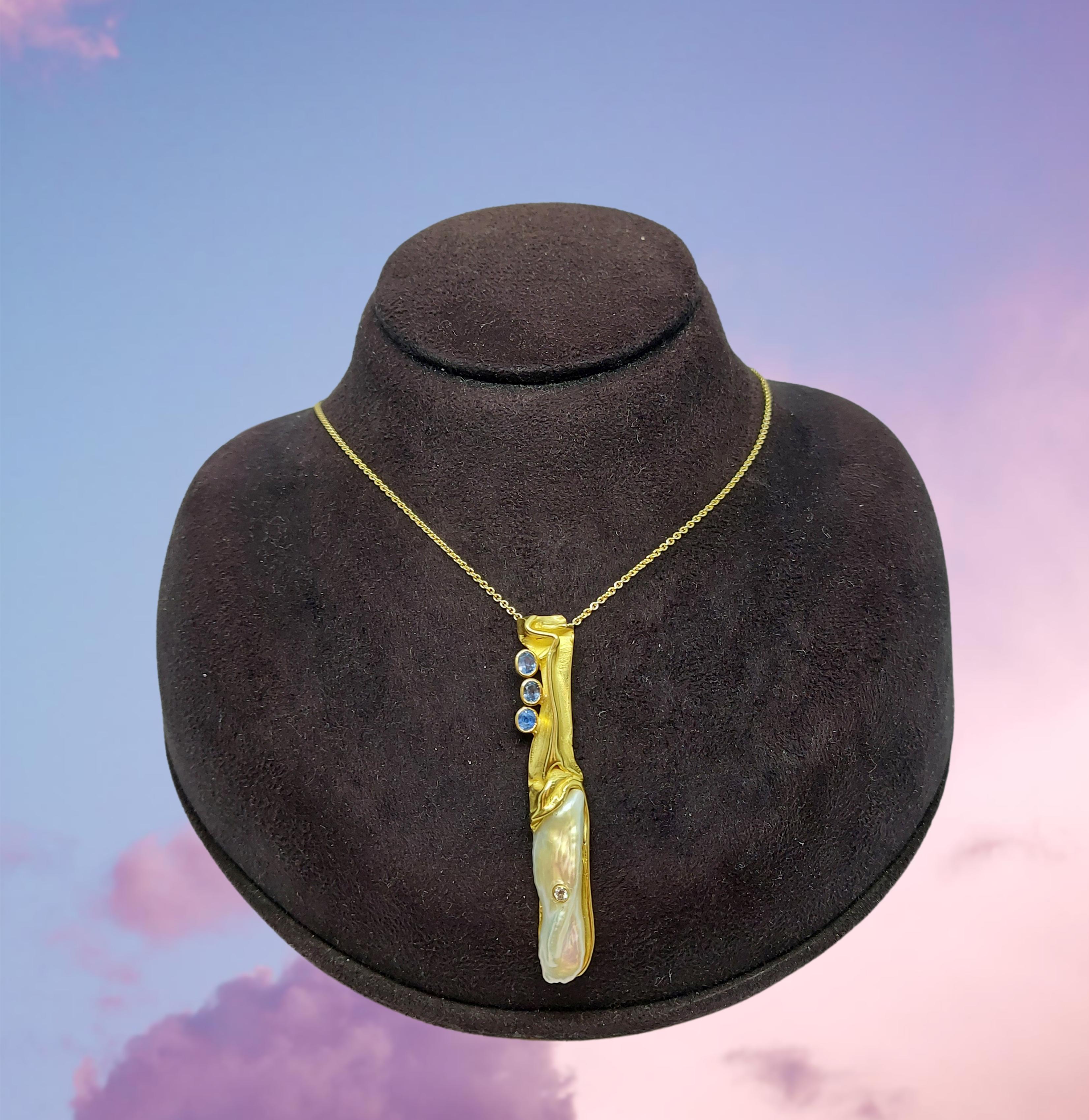 De Saedeleer Pendentif/collier en or jaune 18 carats avec perles, diamants et saphirs en vente 2