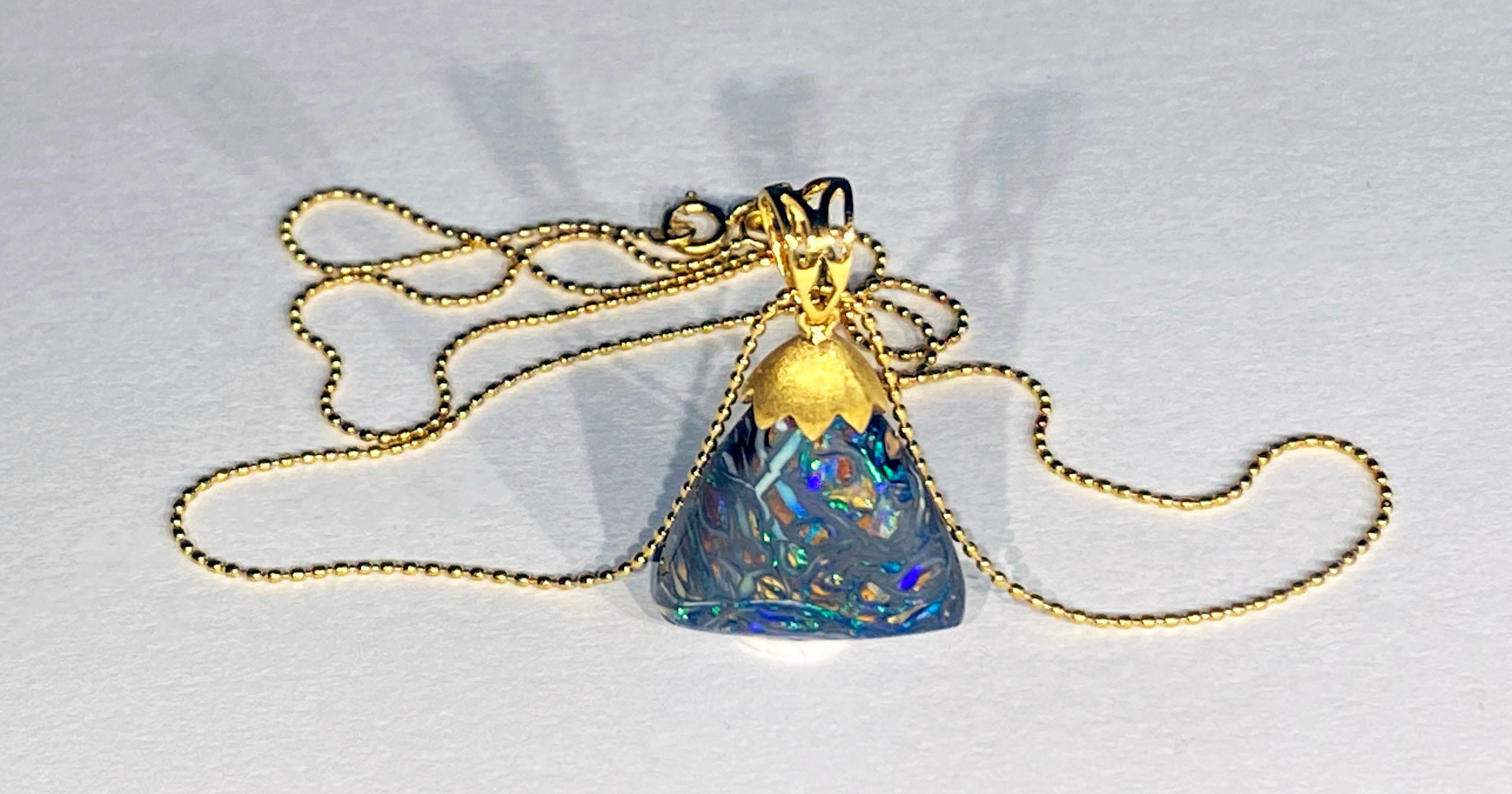 An Australian Boulder Opal Pendant set in 18kt Yellow Gold. For Sale 9