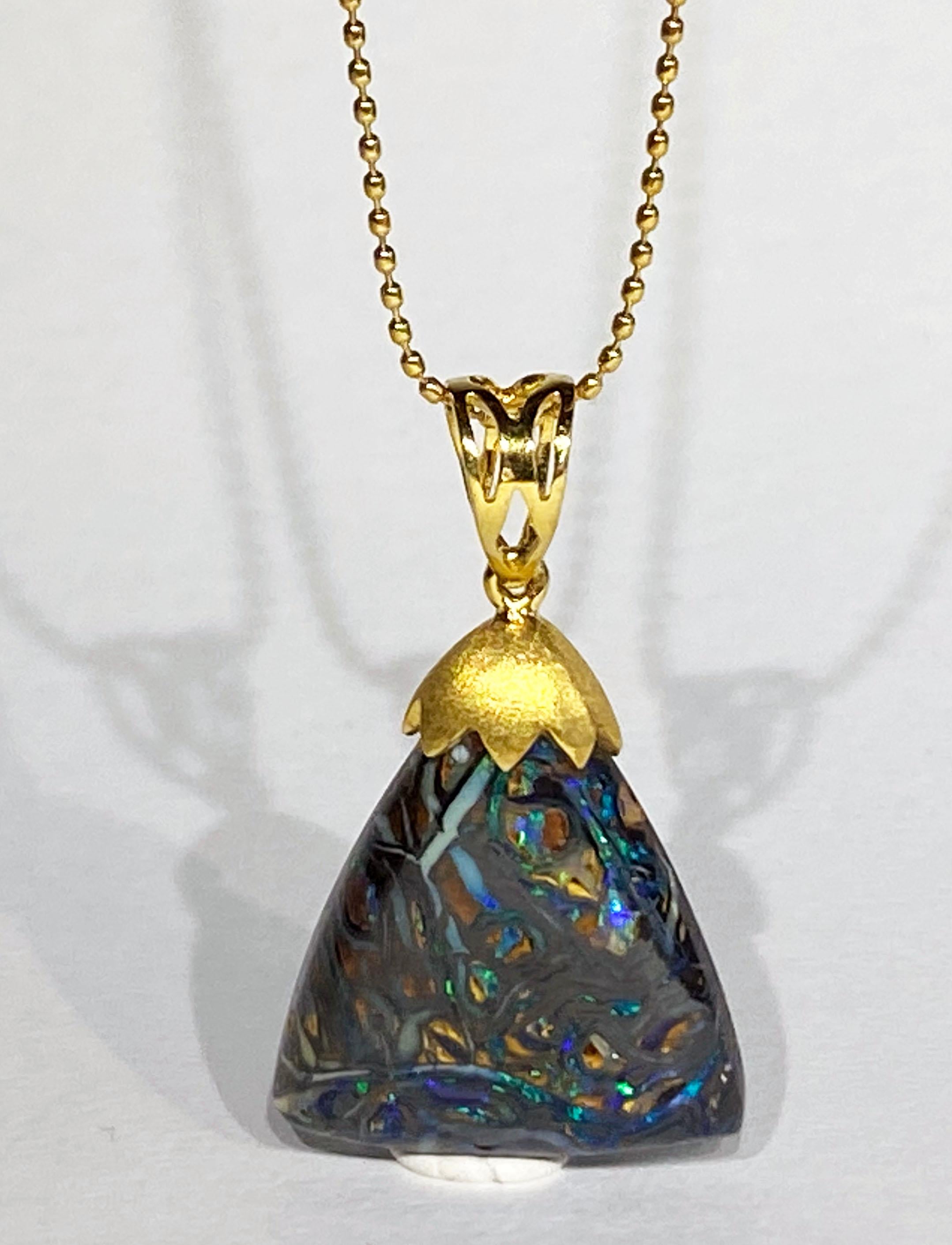 An Australian Boulder Opal Pendant set in 18kt Yellow Gold. For Sale 11