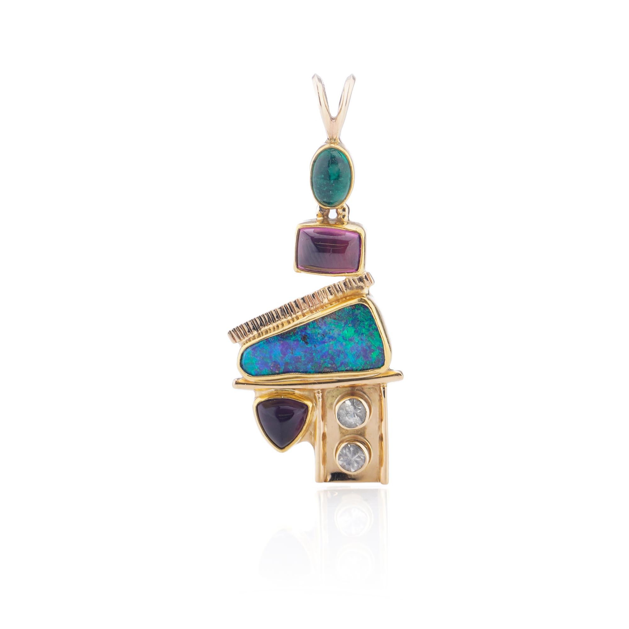 Emerald Cut 14kt yellow gold pendant with opal, diamonds, emerald, amethyst, and pink spinel For Sale