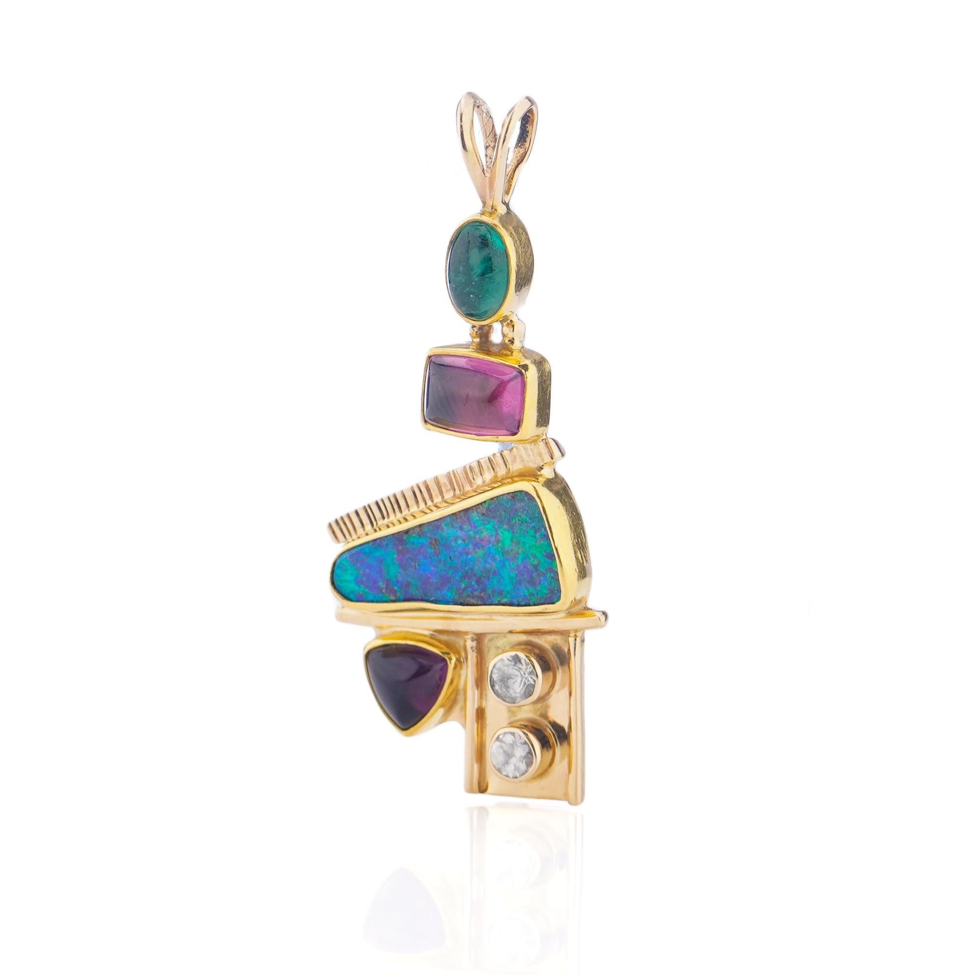 14kt yellow gold pendant with opal, diamonds, emerald, amethyst, and pink spinel In Good Condition For Sale In Braintree, GB