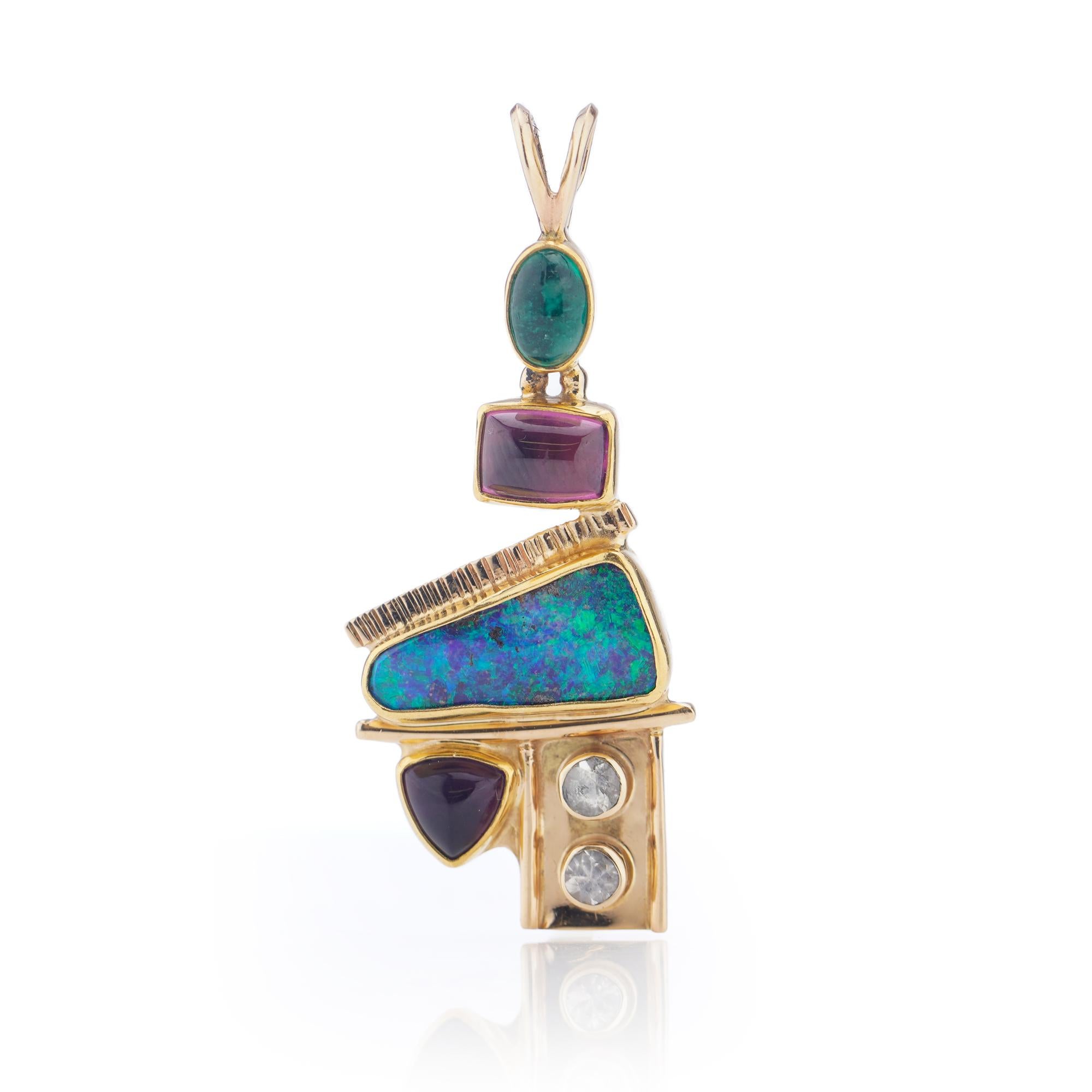 14kt yellow gold pendant with opal, diamonds, emerald, amethyst, and pink spinel For Sale 2