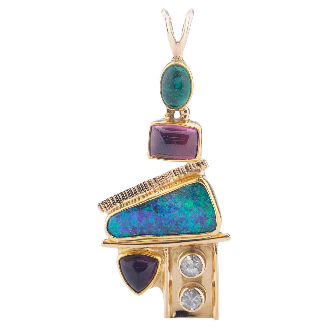 14kt yellow gold pendant with opal, diamonds, emerald, amethyst, and pink spinel For Sale