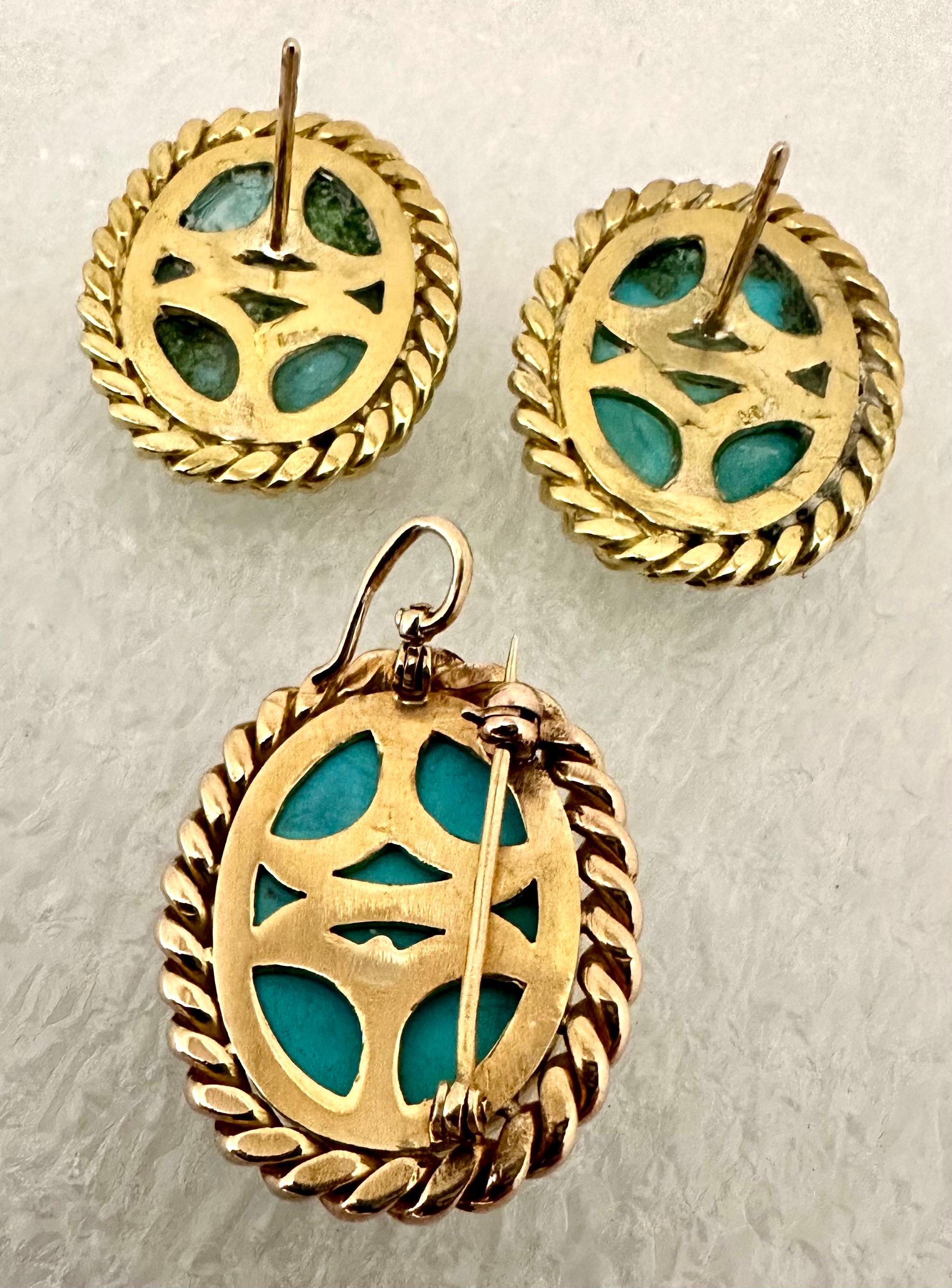 18kt Yellow Gold Persian Turquoise 16mm x 20mm Oval Earring & Pendant/Pin Set For Sale 4