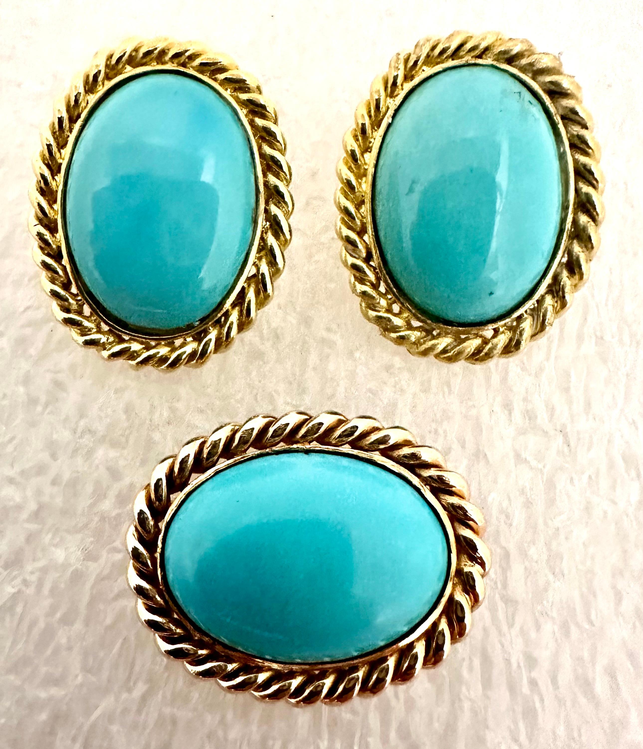 18kt Yellow Gold Persian Turquoise 16mm x 20mm Oval Earring & Pendant/Pin Set For Sale 5