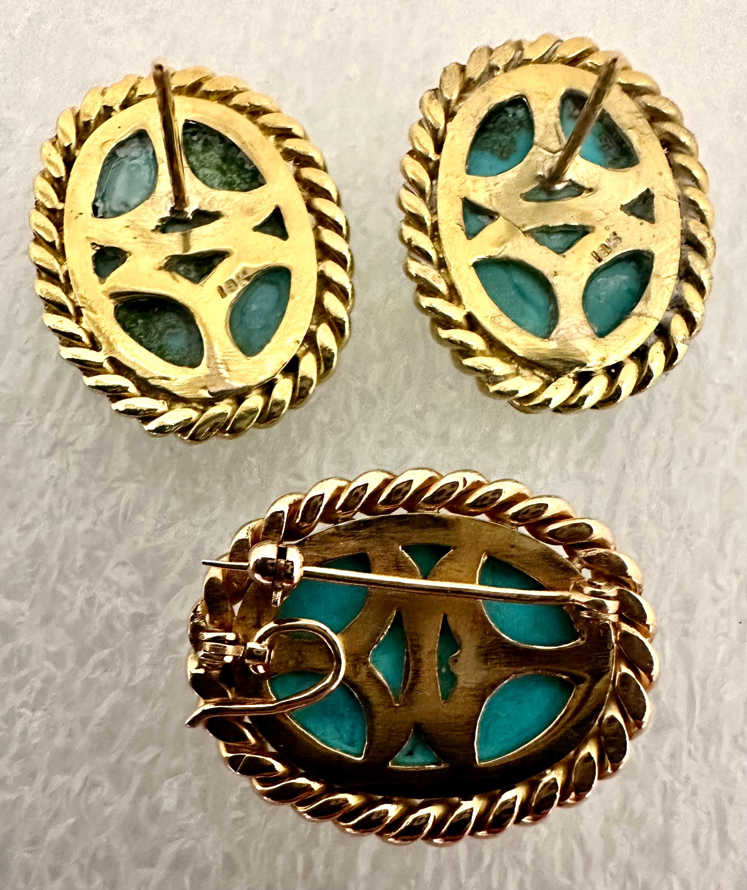 18kt Yellow Gold Persian Turquoise 16mm x 20mm Oval Earring & Pendant/Pin Set For Sale 6