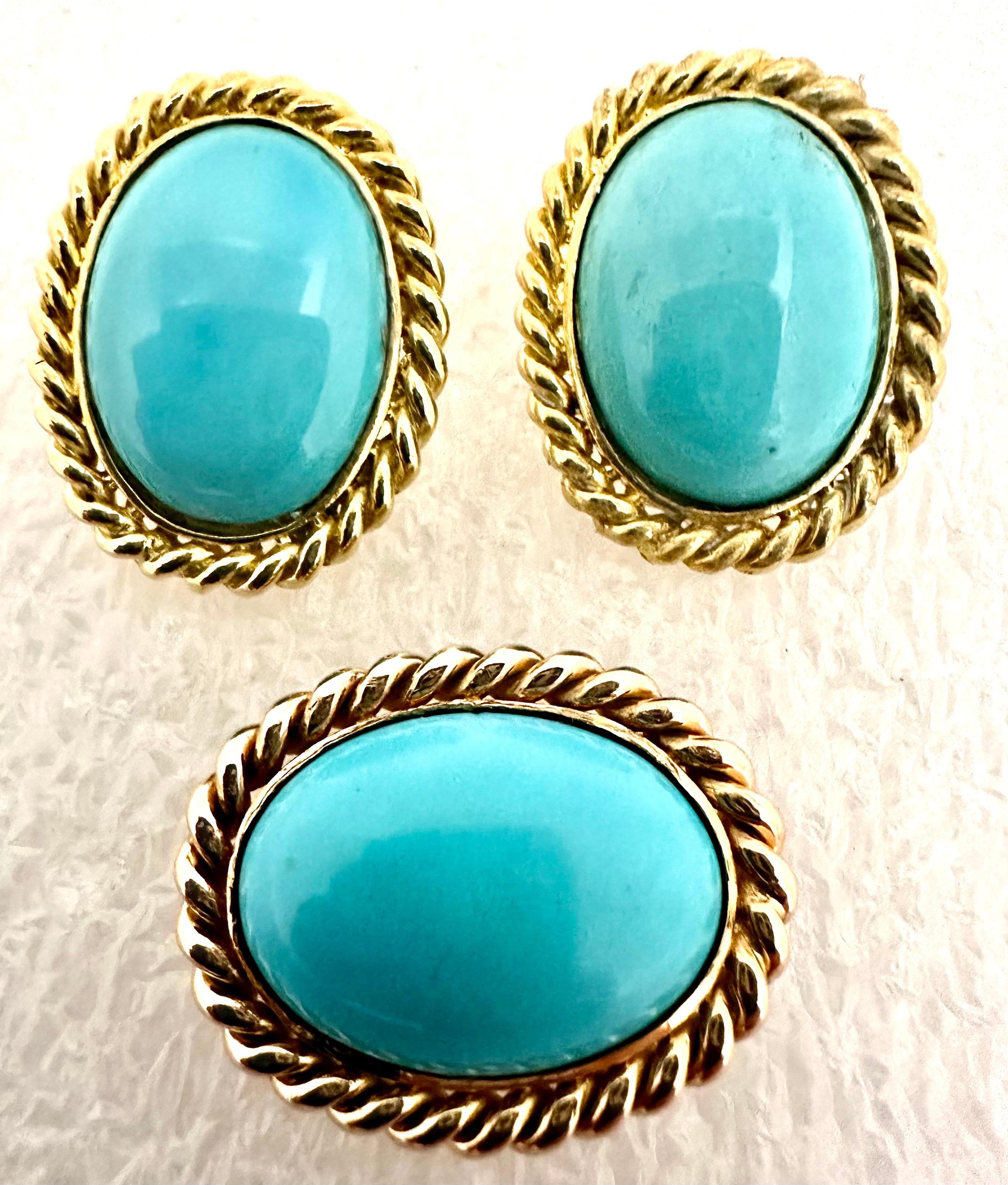 18kt Yellow Gold Persian Turquoise 16mm x 20mm Oval Earring & Pendant or Pin Set

Throughout the centuries, the intense sky-blue Iranian turquoise, known as “Persian turquoise,” has been the most sought after. This is a clear, even blue color with