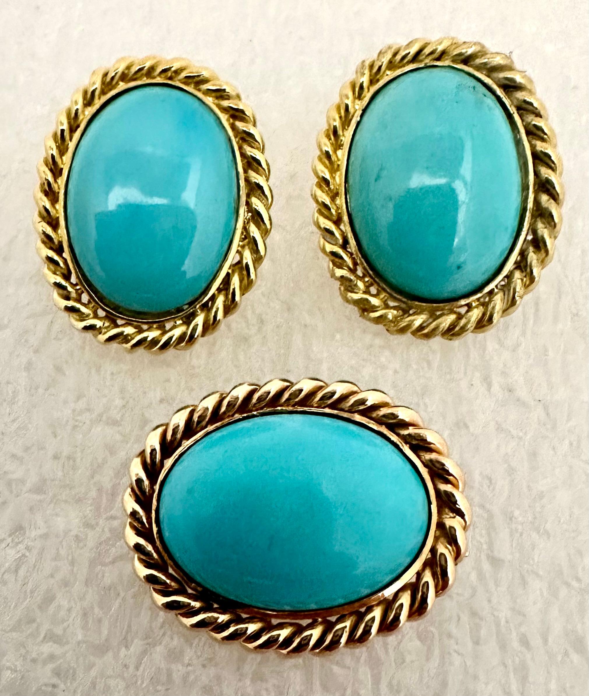 Artisan 18kt Yellow Gold Persian Turquoise 16mm x 20mm Oval Earring & Pendant/Pin Set For Sale
