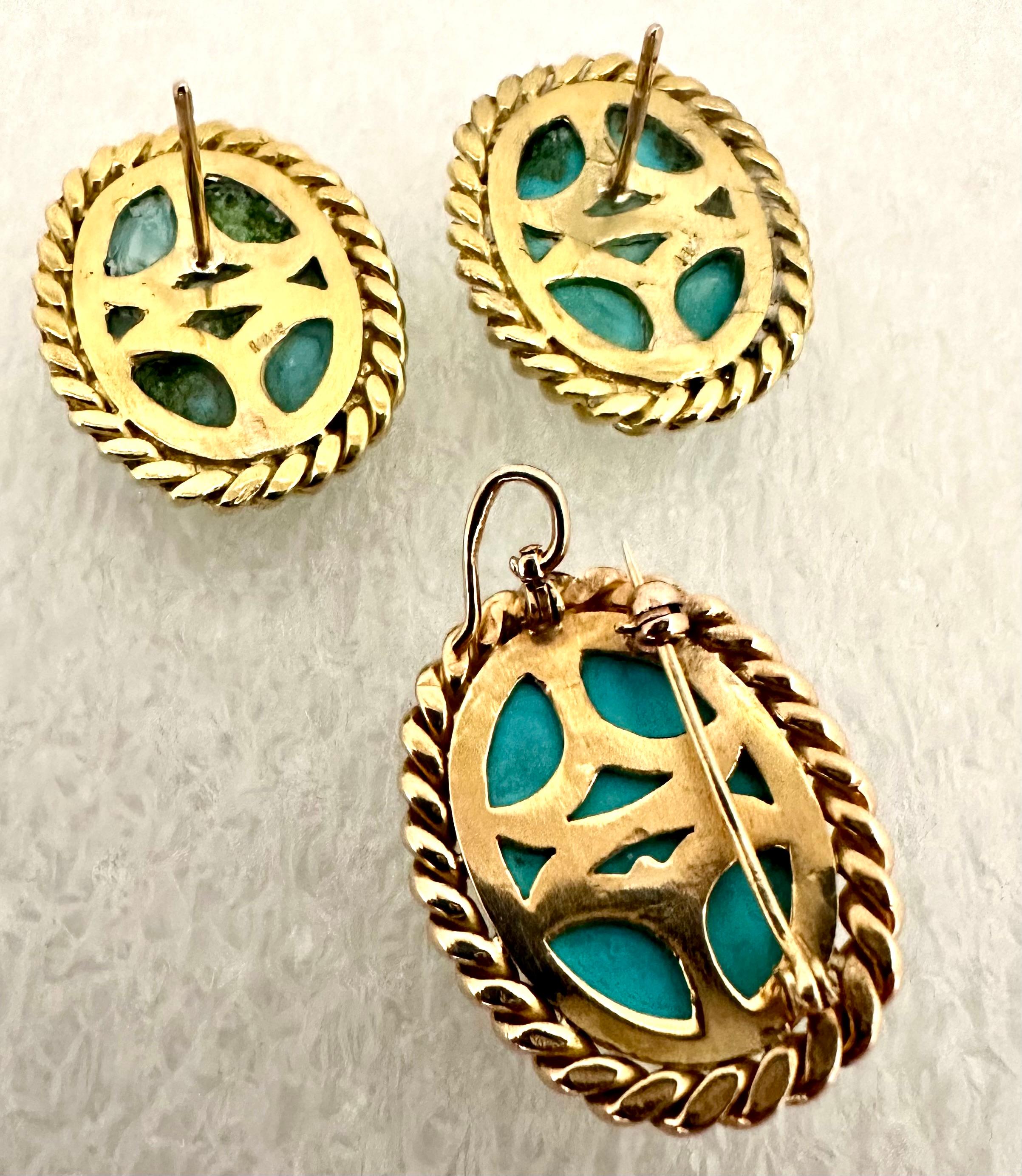 Cabochon 18kt Yellow Gold Persian Turquoise 16mm x 20mm Oval Earring & Pendant/Pin Set For Sale