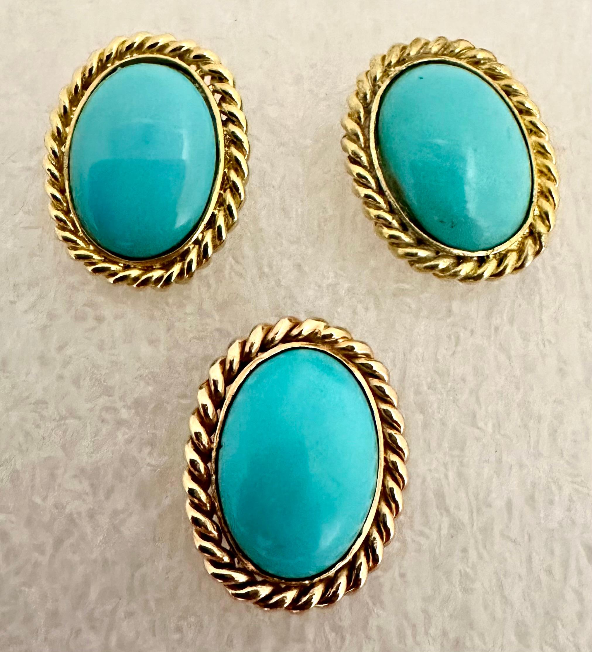 Women's 18kt Yellow Gold Persian Turquoise 16mm x 20mm Oval Earring & Pendant/Pin Set For Sale