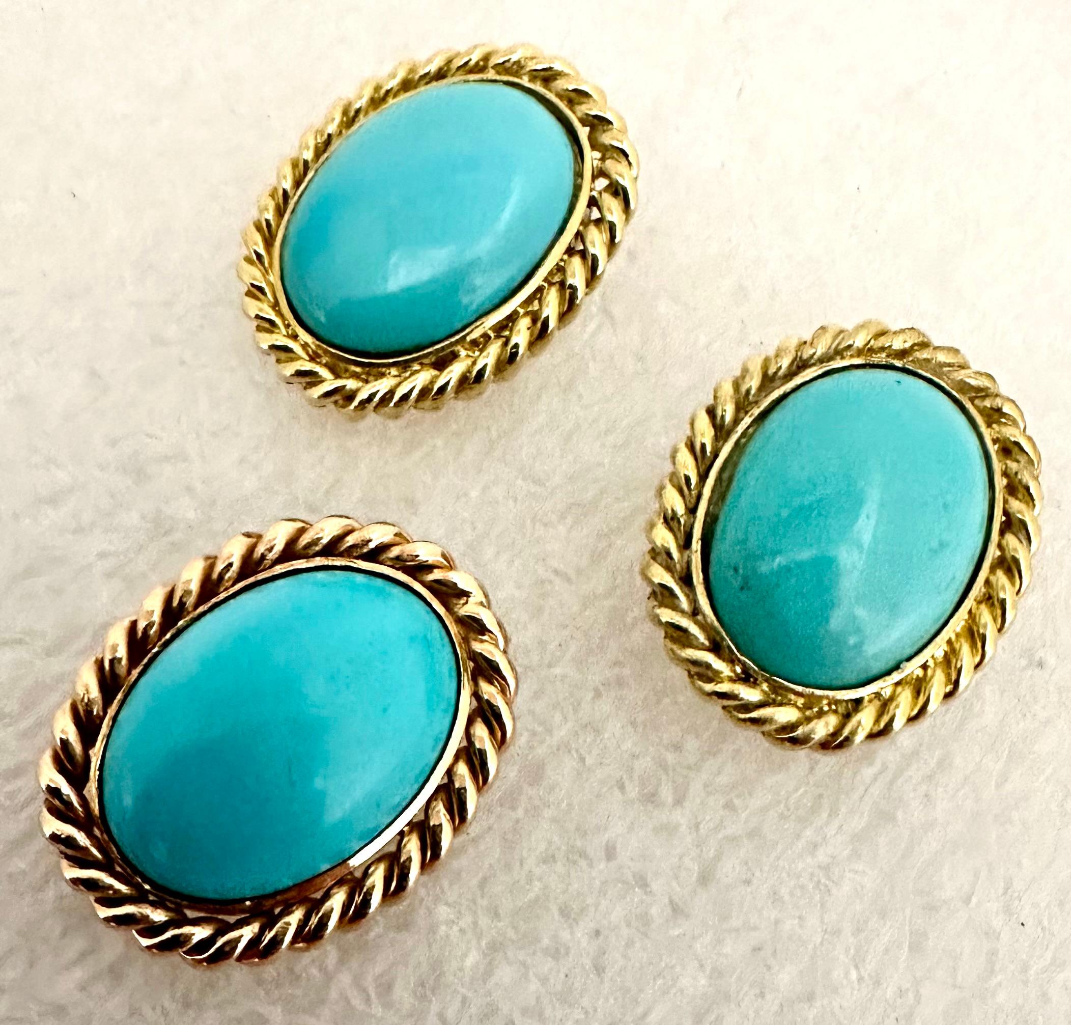18kt Yellow Gold Persian Turquoise 16mm x 20mm Oval Earring & Pendant/Pin Set For Sale 1