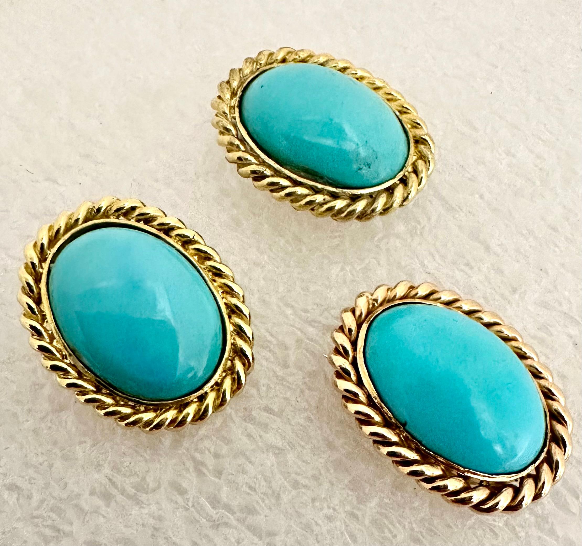 18kt Yellow Gold Persian Turquoise 16mm x 20mm Oval Earring & Pendant/Pin Set For Sale 2
