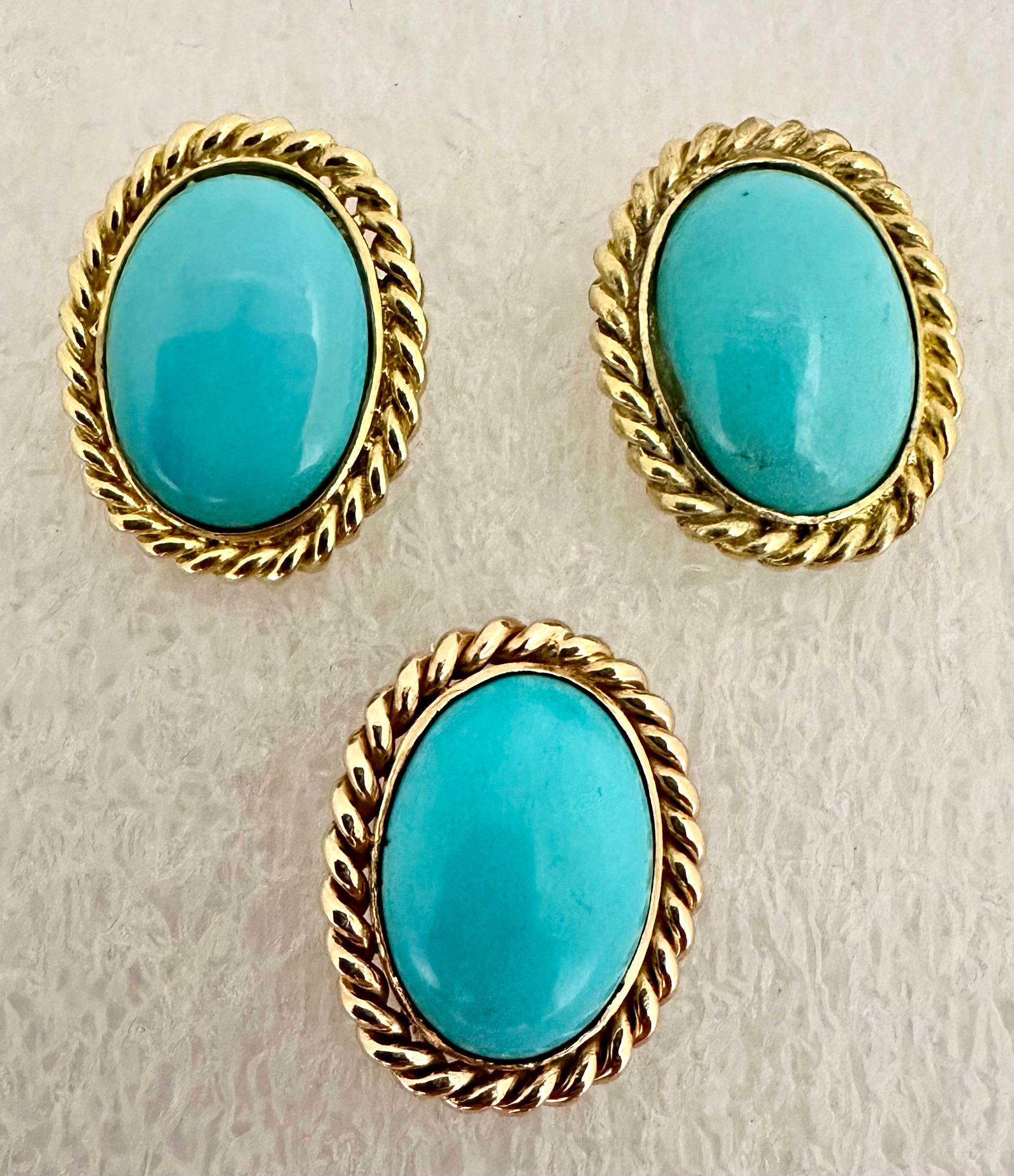 18kt Yellow Gold Persian Turquoise 16mm x 20mm Oval Earring & Pendant/Pin Set For Sale 3