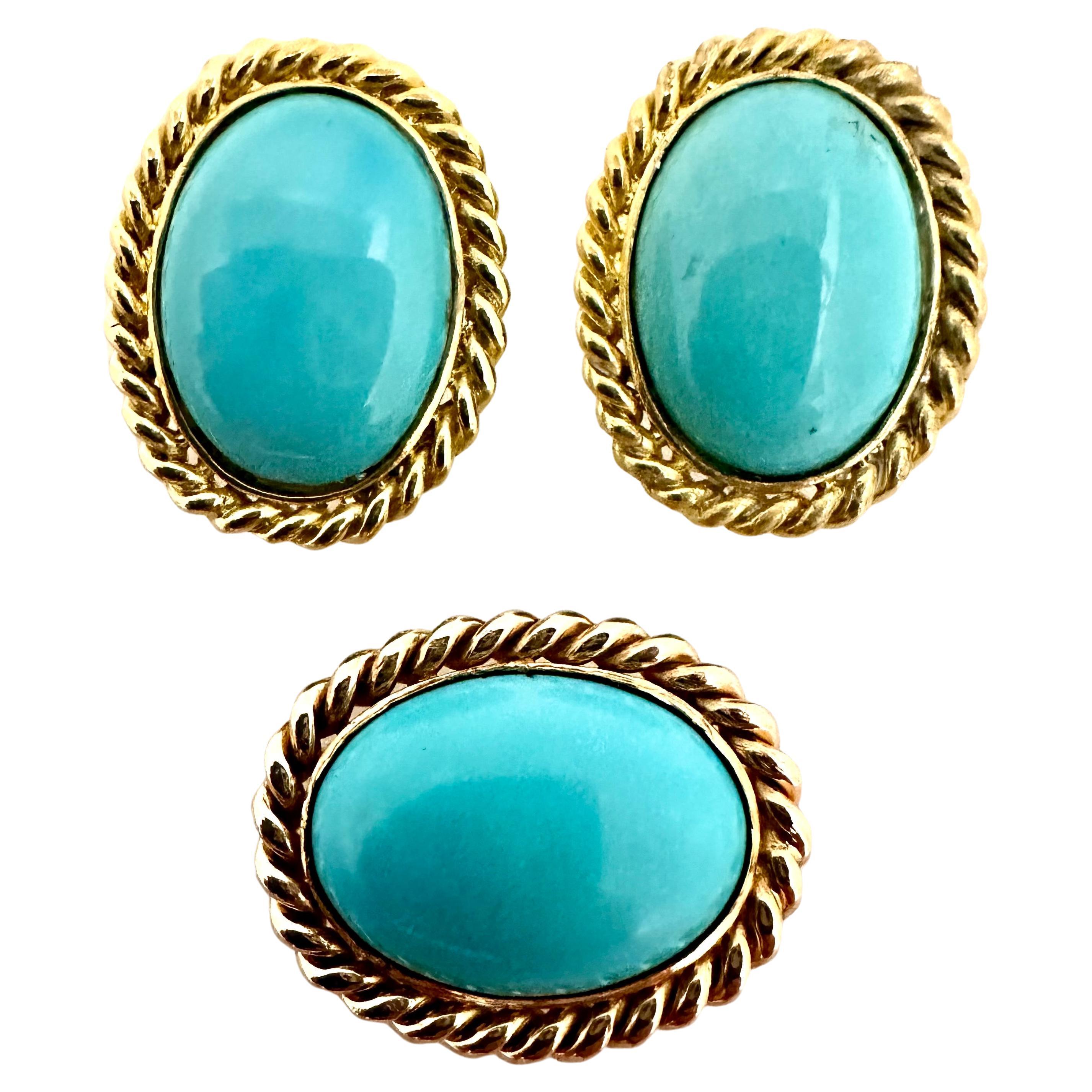 18kt Yellow Gold Persian Turquoise 16mm x 20mm Oval Earring & Pendant/Pin Set For Sale