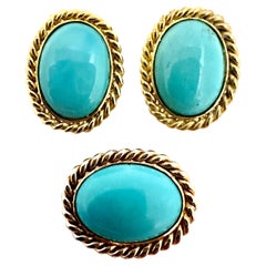 Vintage 18kt Yellow Gold Persian Turquoise 16mm x 20mm Oval Earring & Pendant/Pin Set