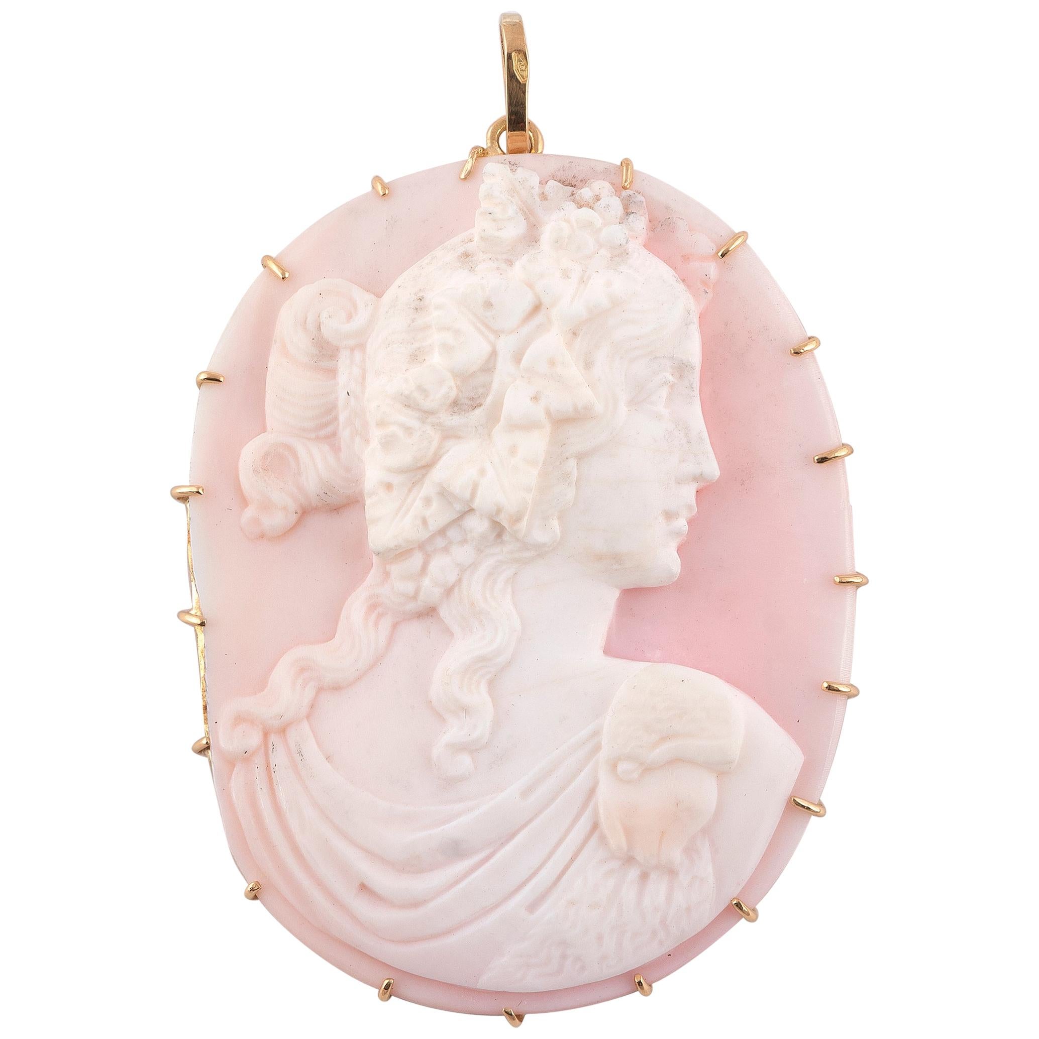 Victorian 18kt Yellow Gold Pink Coral Cameo Pendant For Sale