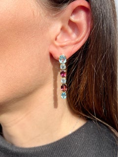 18kt Yellow Gold Pink Tourmaline Bule Topaz Timeless Contemporaney Earrings