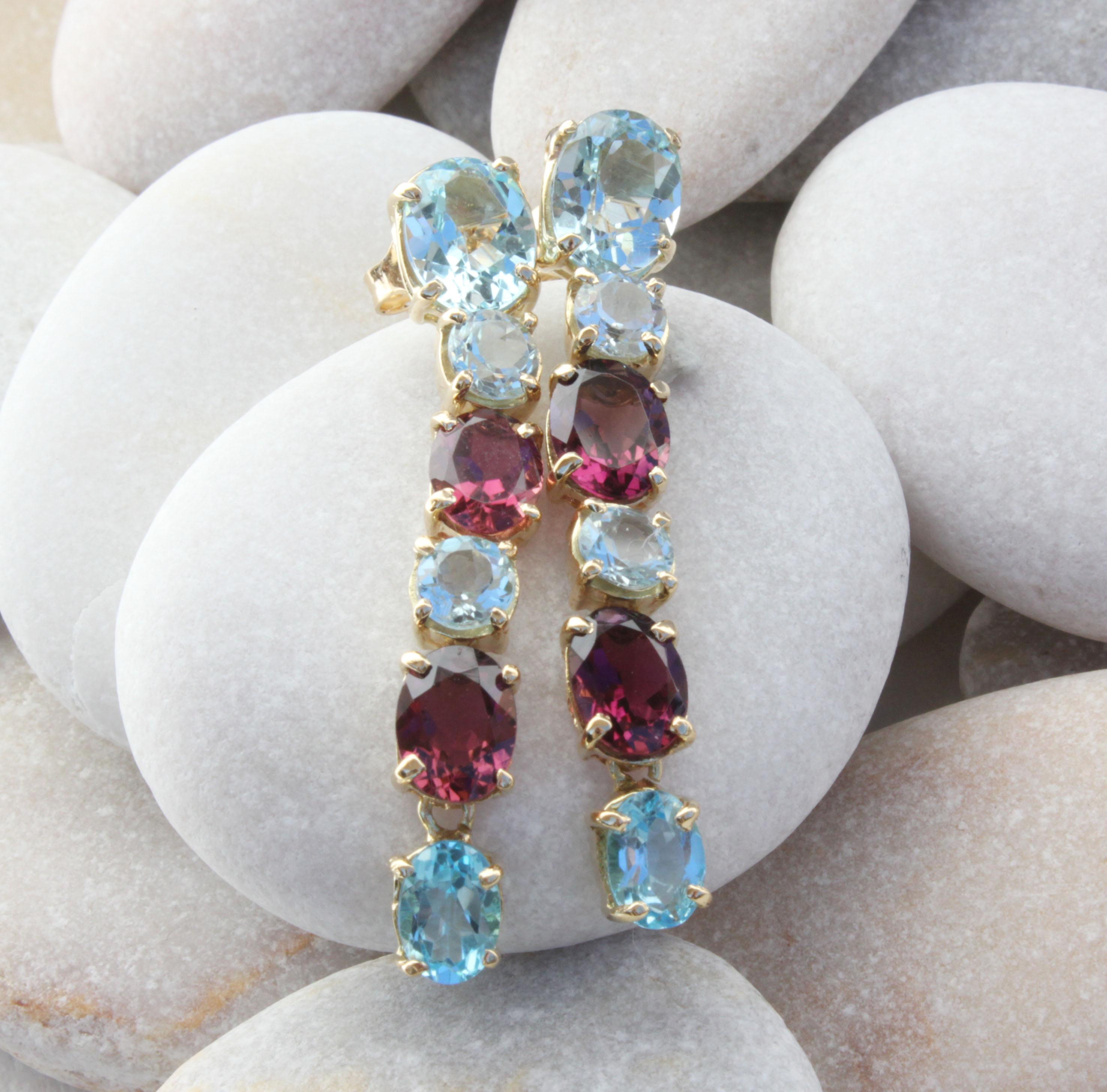 Oval Cut 18kt Yellow Gold Pink Tourmaline Bule Topaz Timeless Contemporaney Earrings  For Sale