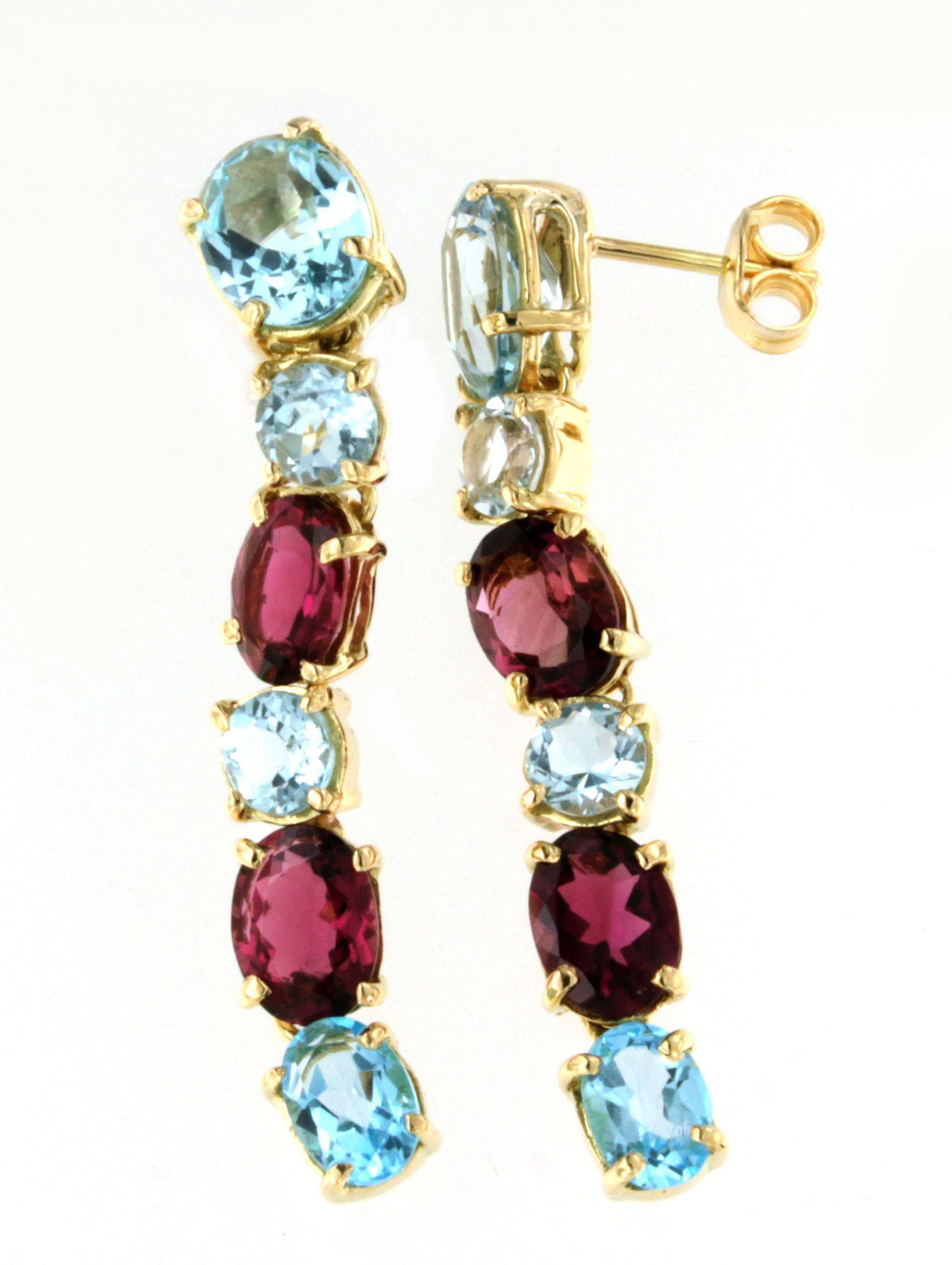18kt Yellow Gold Pink Tourmaline Bule Topaz Timeless Contemporaney Earrings  In New Condition For Sale In GALLARATE, IT