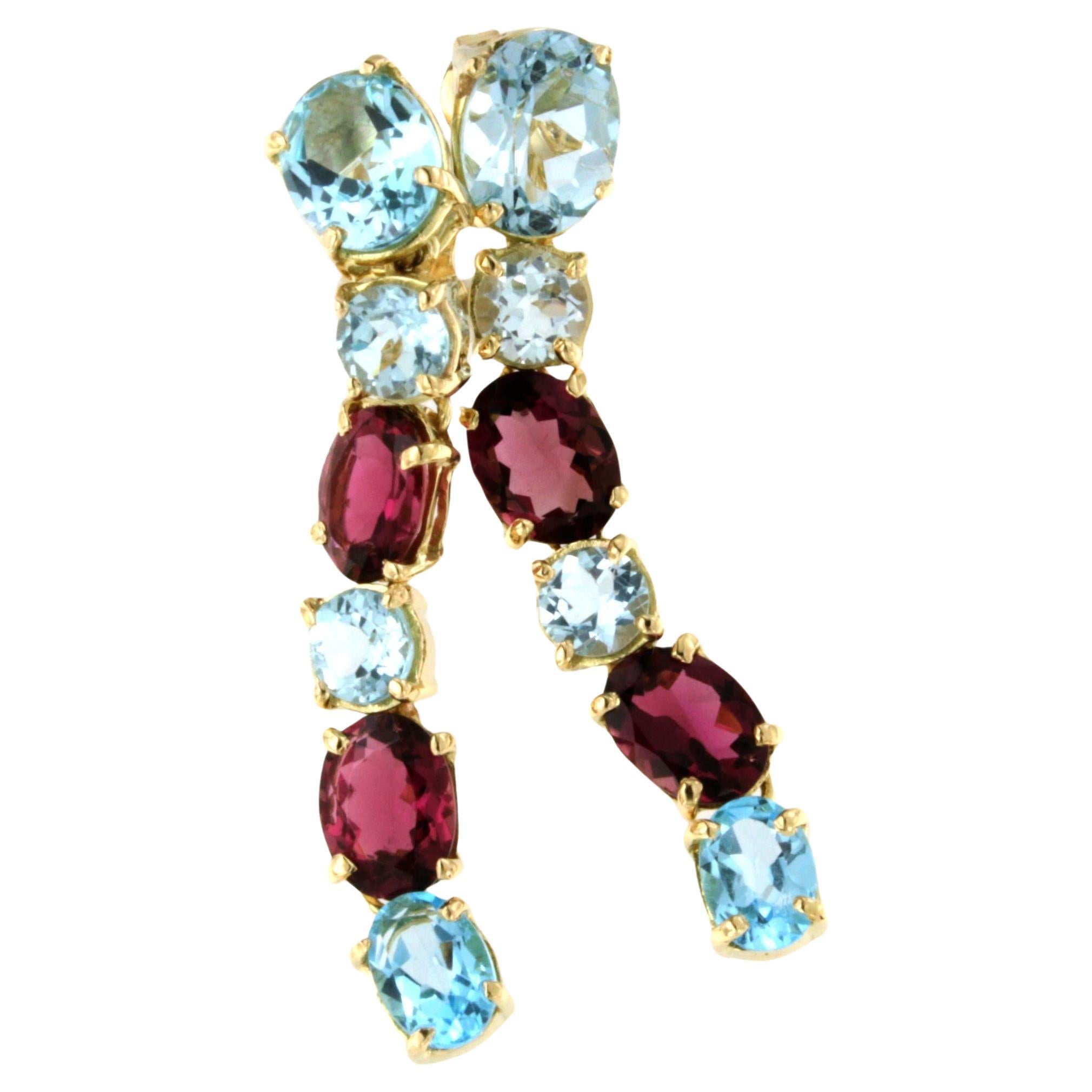 18kt Yellow Gold Pink Tourmaline Bule Topaz Timeless Contemporaney Earrings  For Sale