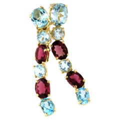 18kt Yellow Gold Pink Tourmaline Bule Topaz Timeless Contemporaney Earrings