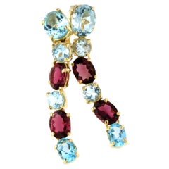 18kt Yellow Gold Pink Tourmaline Bule Topaz Timeless Contemporaney Earrings 