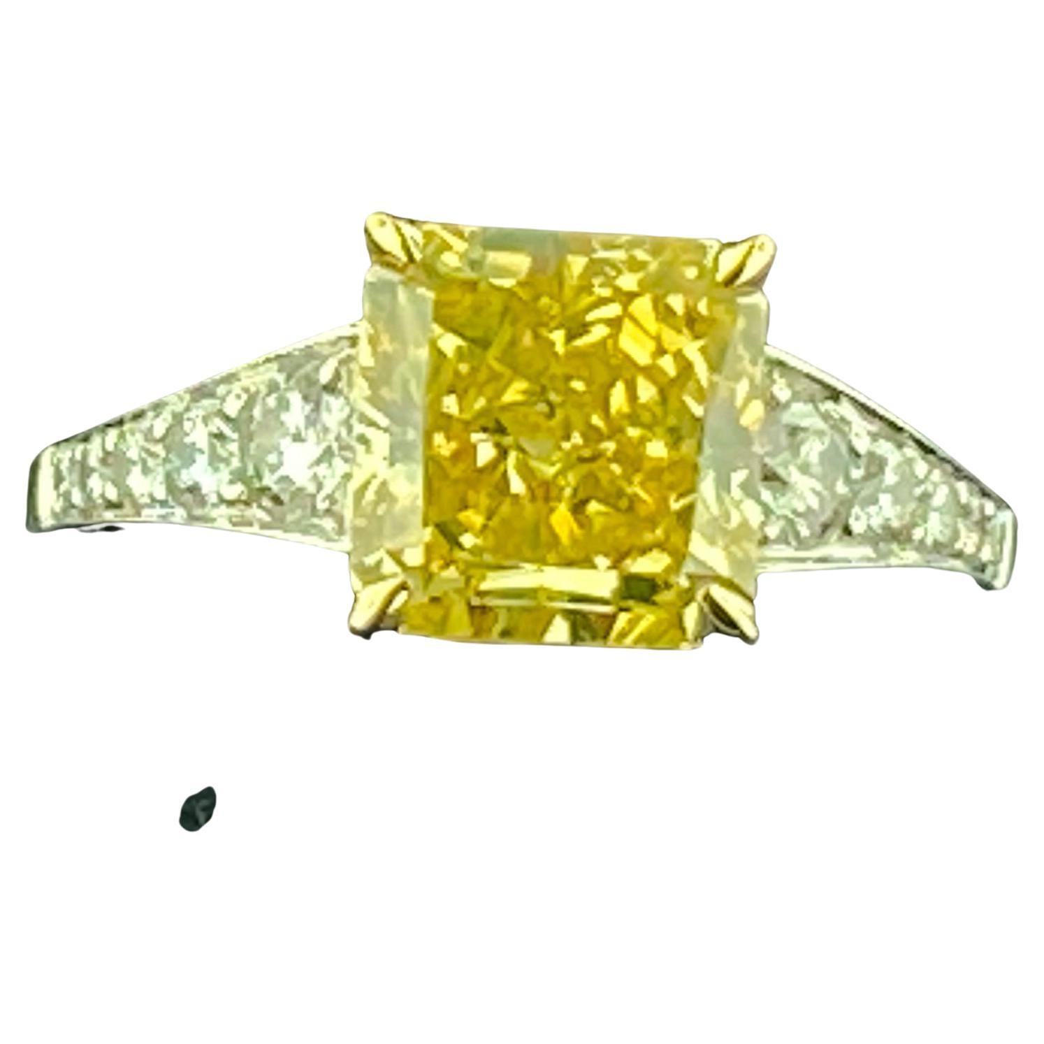 18KT Yellow Gold and Platinum Square Cut Fancy Yellow Diamond Ring at