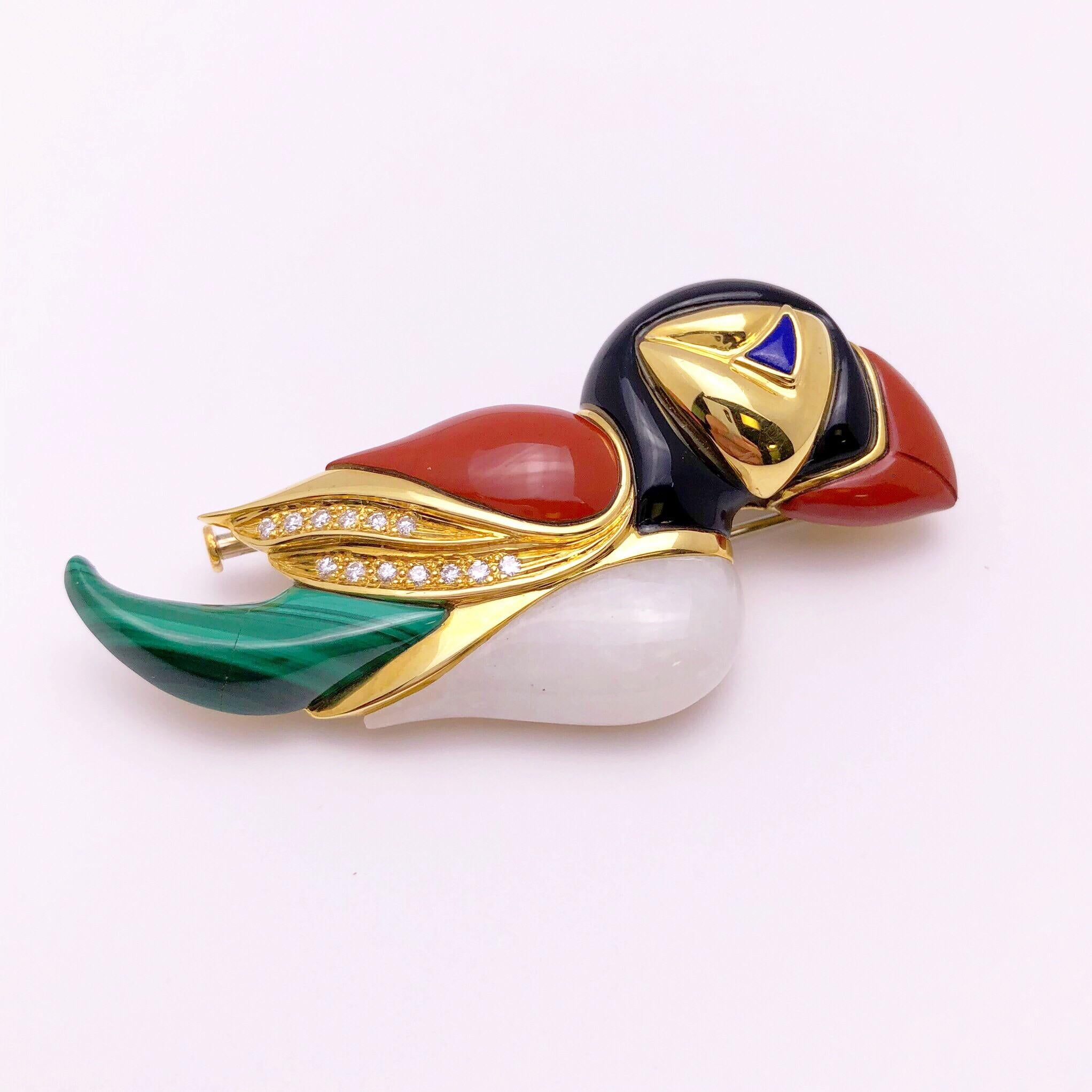 Women's or Men's 18 Karat Gold Puffin Brooch with Diamonds, Onyx, Jasper, Agate and Malachite