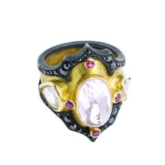 18Kt Yellow Gold Ring, Blackened Silver, Kunzite, Rubies, White & Black Diamonds
