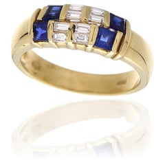 Vintage 18kt Yellow Gold Ring Blue Sapphires 0.70 Ct & White Diamonds 0.28