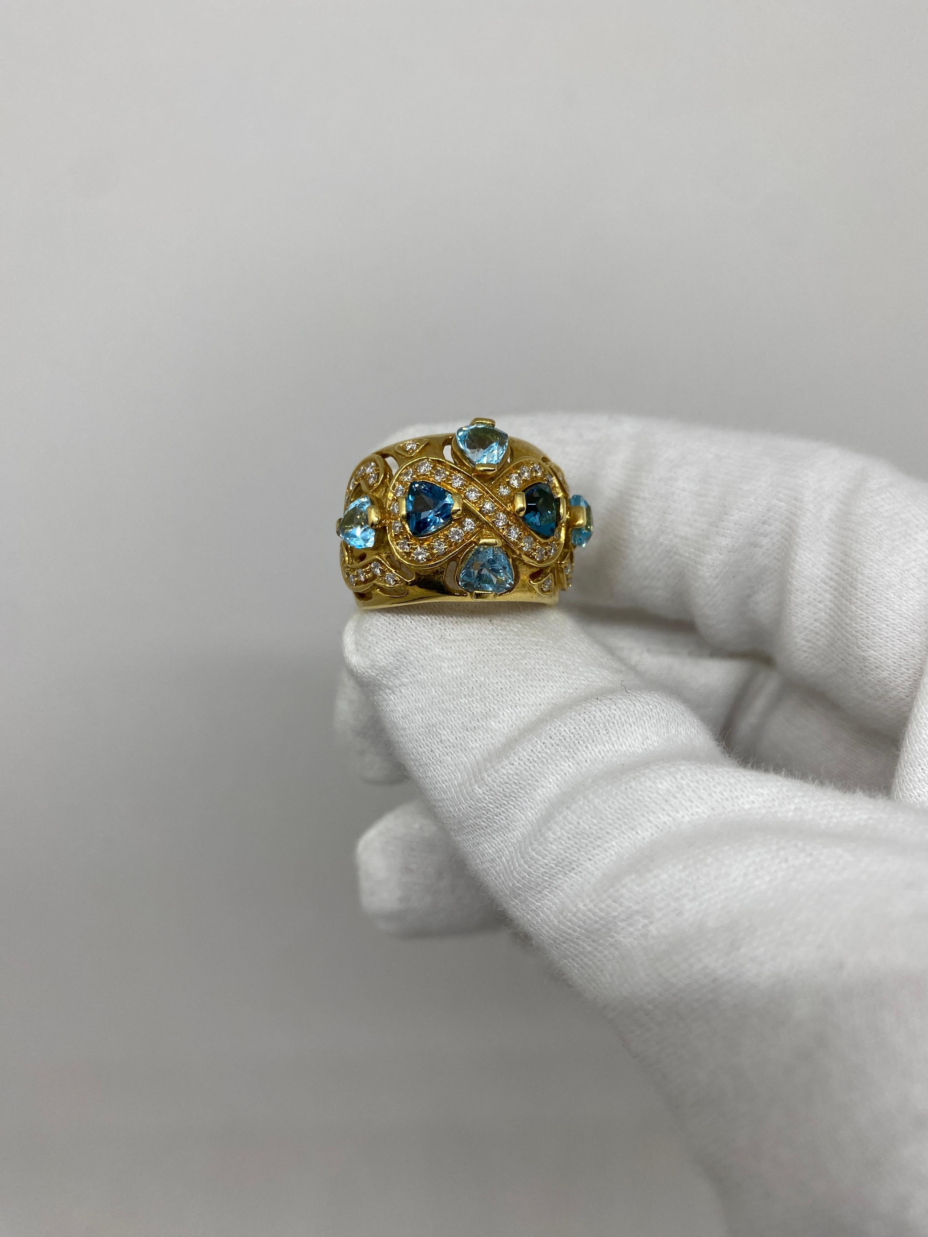 Ring made of 18kt yellow gold with blue topazes and natural brilliant-cut white diamonds

Welcome to our jewelry collection, where every piece tells a story of timeless elegance and unparalleled craftsmanship. As a family-run business in Italy for