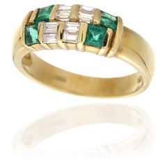 Retro 18Kt Yellow Gold Ring Emeralds 0.50 ct & White Diamonds 0.28 ct