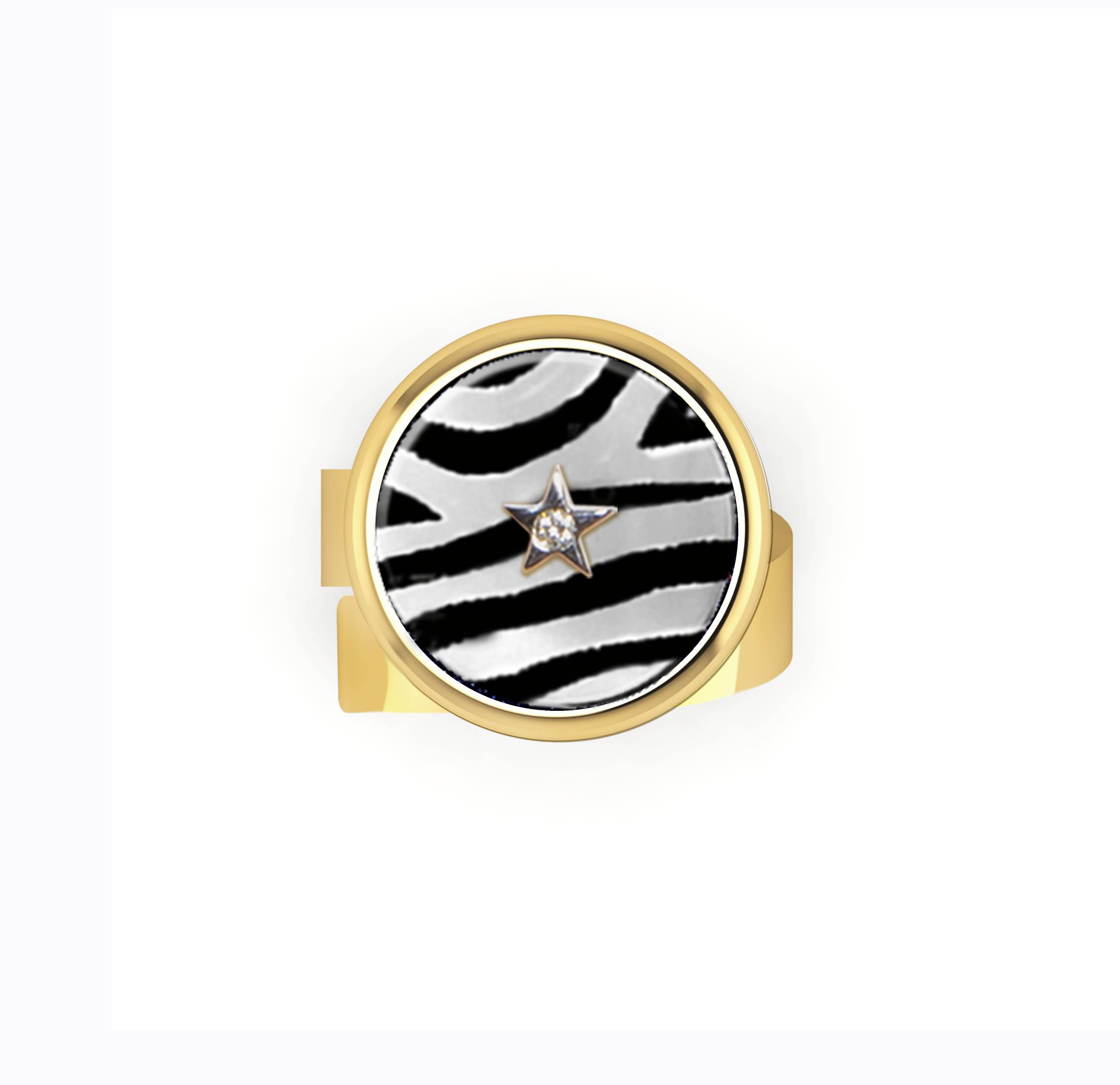 ART WILD COLLECTION- Zebra Style_ Black Stripes Hand Painted on White hard stone- Diamond 0,01 ct on white gold star at the centre.
Excellent Craftmanship made in Italy, each piece is unique. The size can be adjustable as the ring is open.