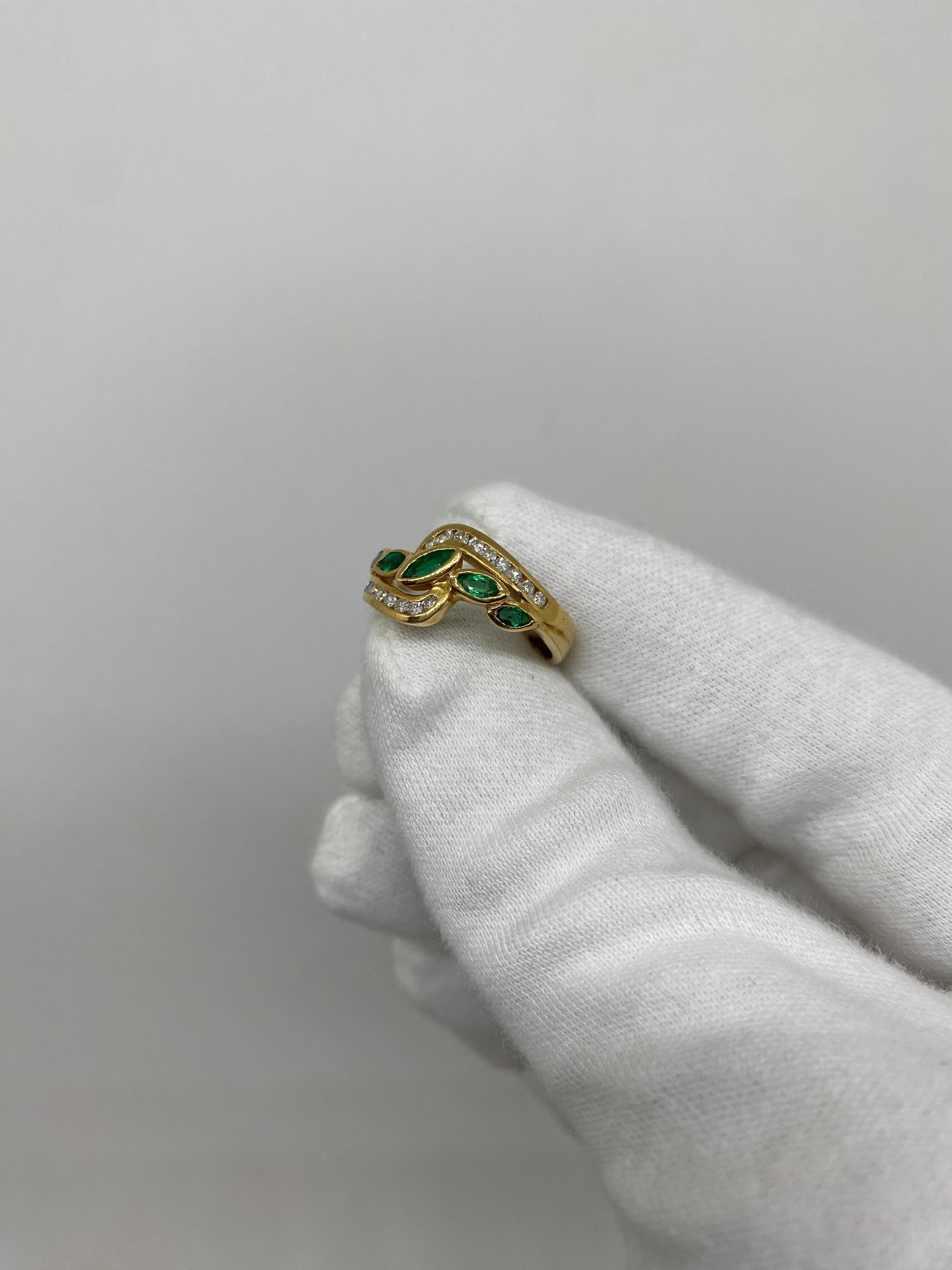 Ring made of 18kt yellow gold with navette-cut emeralds for ct .0.51 and natural white brilliant-cut diamonds for ct.0.30

Welcome to our jewelry collection, where every piece tells a story of timeless elegance and unparalleled craftsmanship. As a