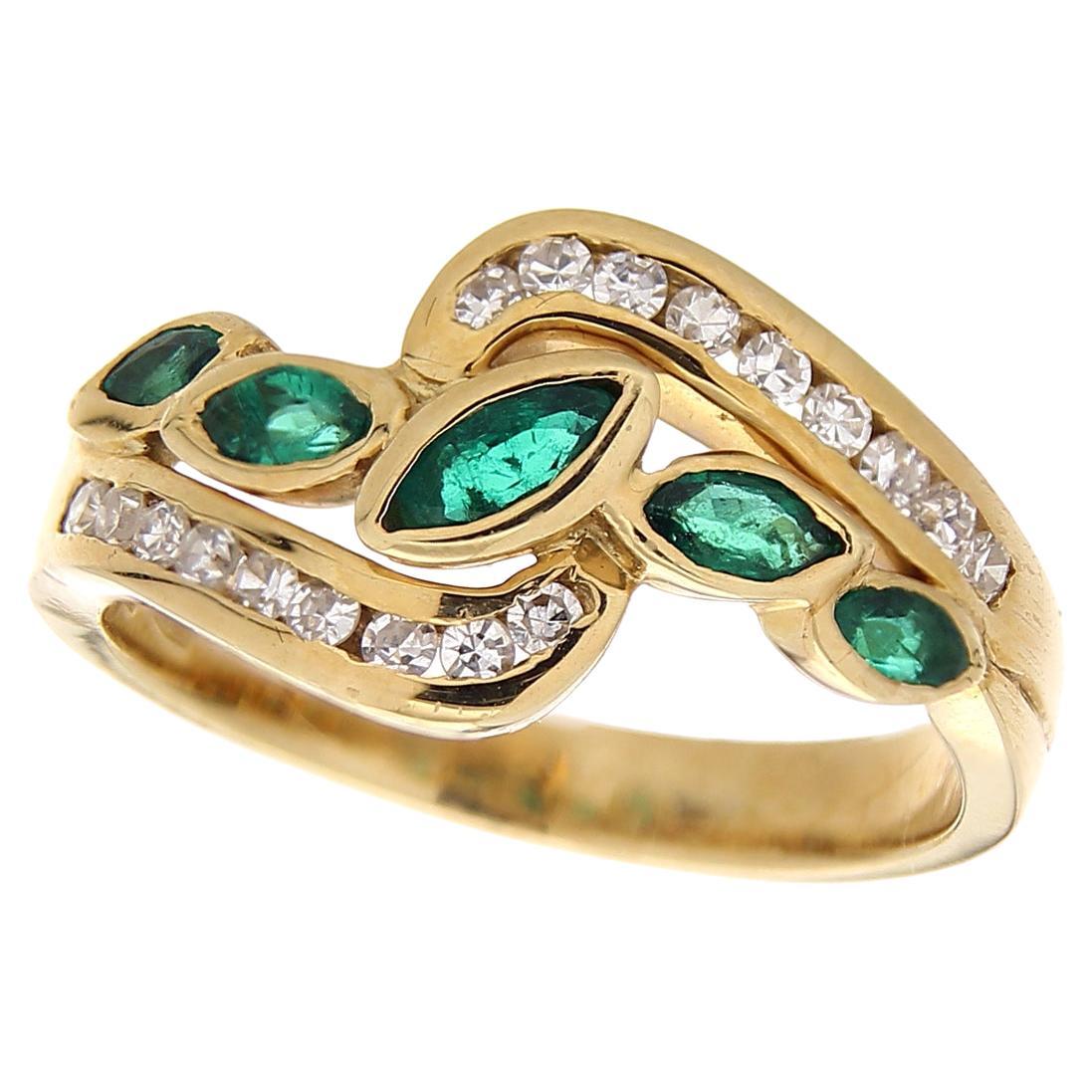 18Kt Yellow Gold Ring Navette-Cut Emeralds & White Diamonds For Sale