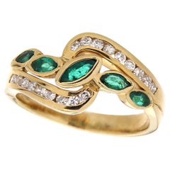 18Kt Yellow Gold Ring Navette-Cut Emeralds & White Diamonds