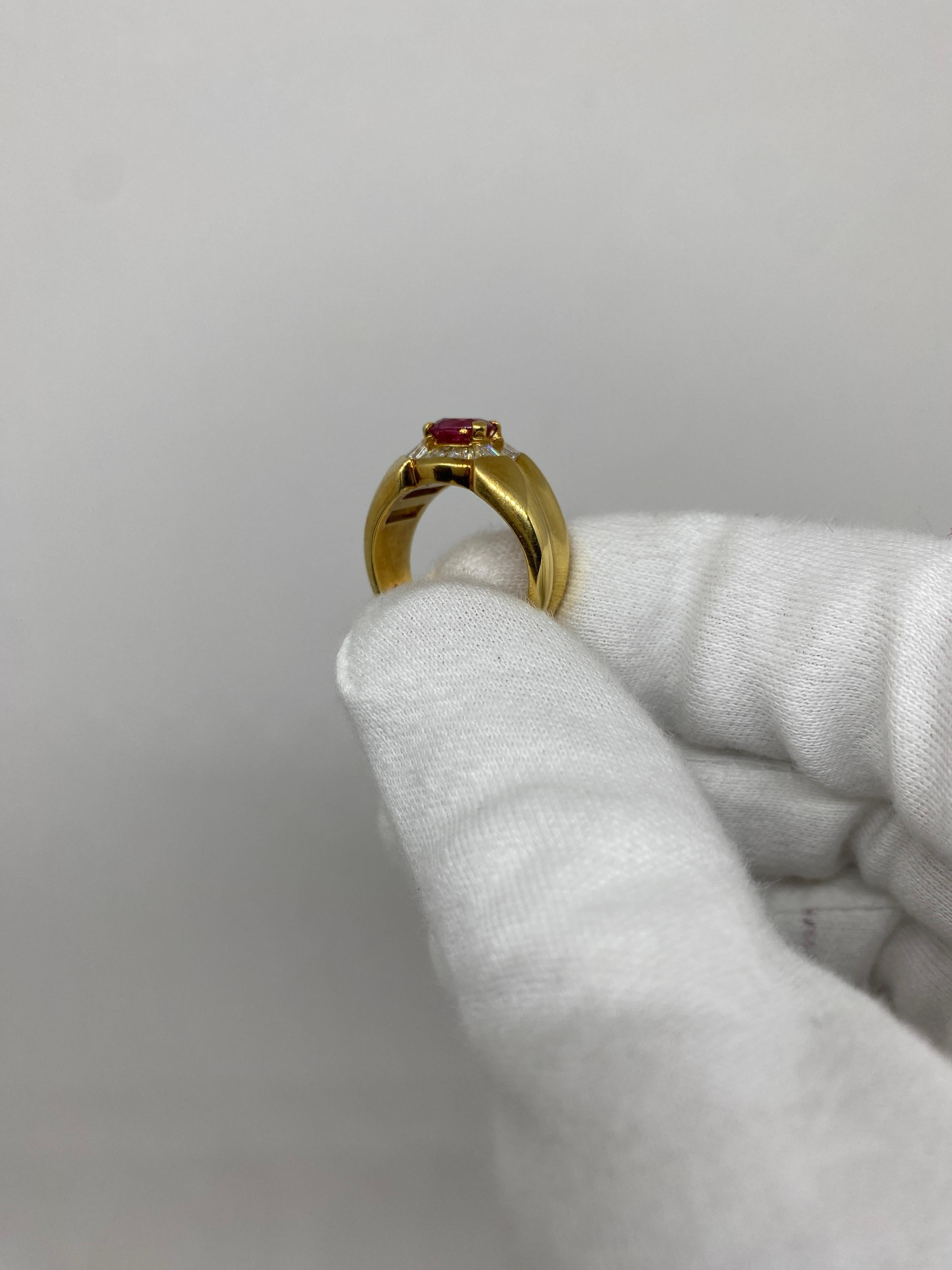 Ring made of 18kt yellow gold with oval-cut ruby for and natural white baguette-cut diamonds

Welcome to our jewelry collection, where every piece tells a story of timeless elegance and unparalleled craftsmanship. As a family-run business in Italy