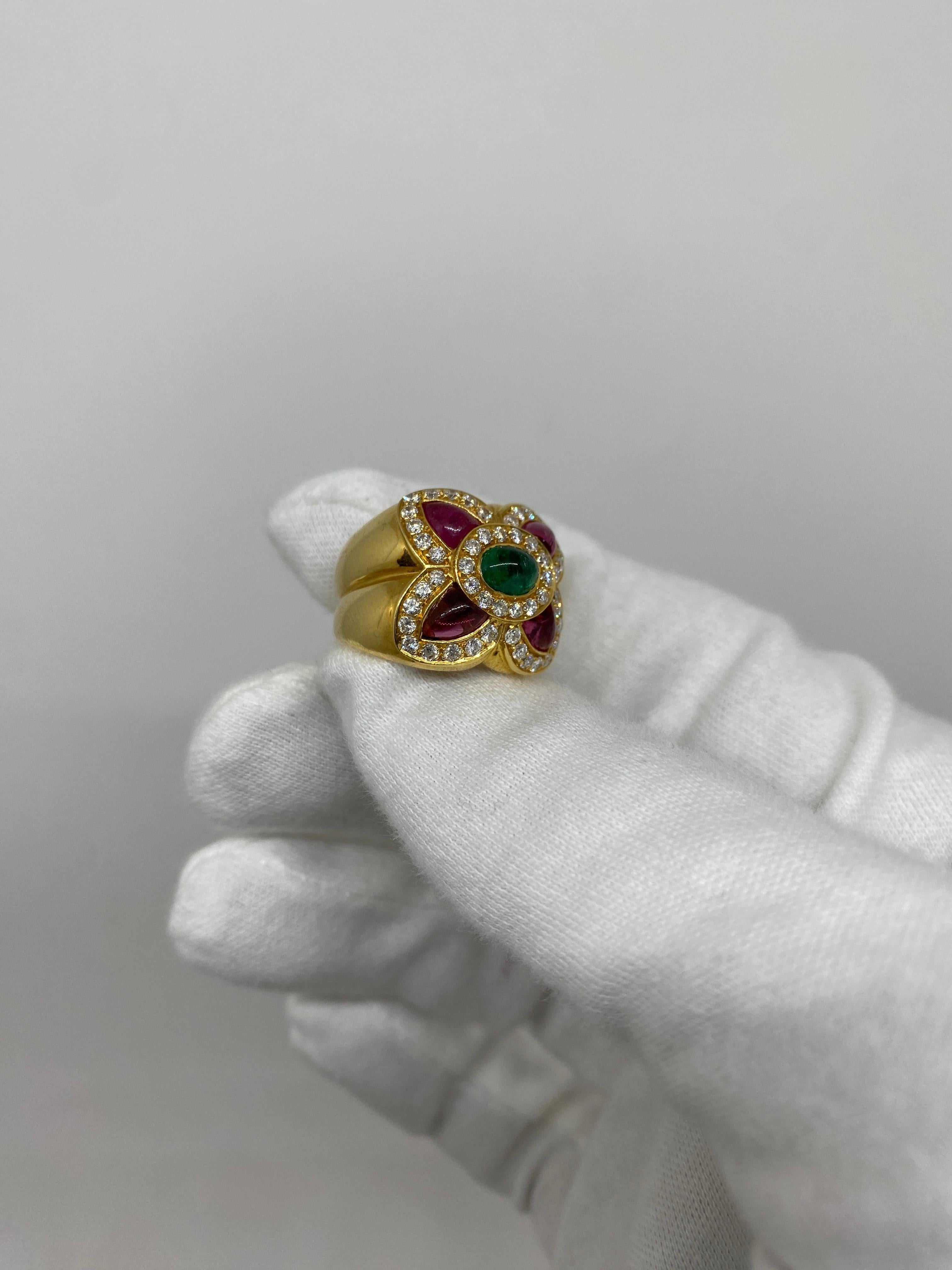 18Kt Yellow Gold Ring Pink & Green Tourmalines & White Diamonds In Excellent Condition For Sale In Bergamo, BG