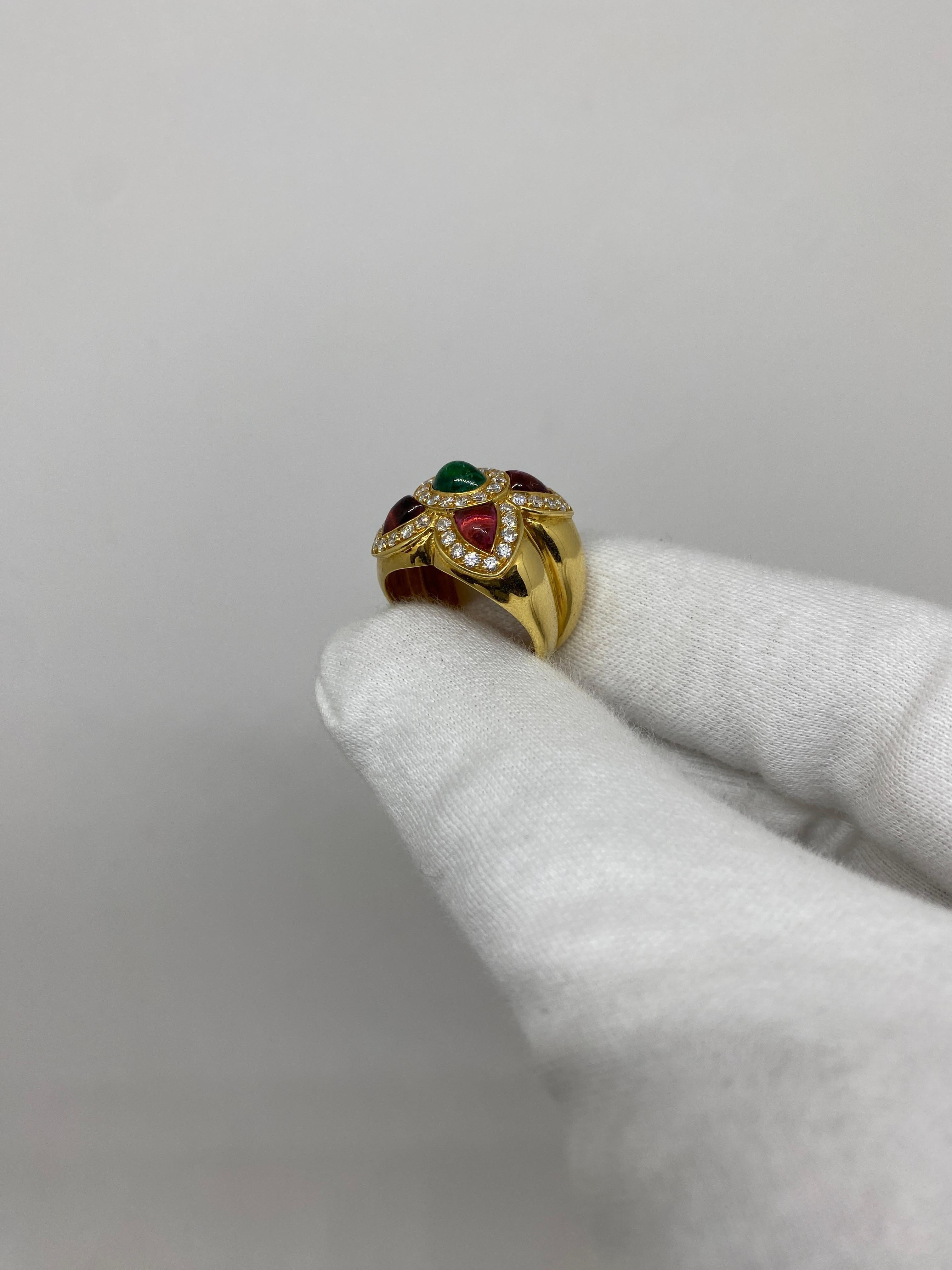 18Kt Yellow Gold Ring Pink & Green Tourmalines & White Diamonds For Sale 1