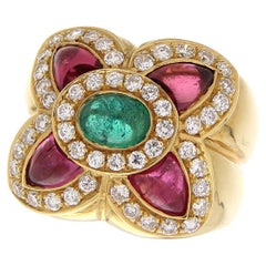 Retro 18Kt Yellow Gold Ring Pink & Green Tourmalines & White Diamonds