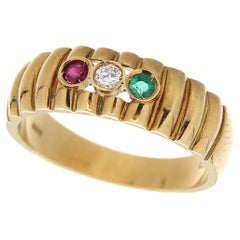 Vintage 18Kt Yellow Gold Ring White Diamond, Rubies & Emerald