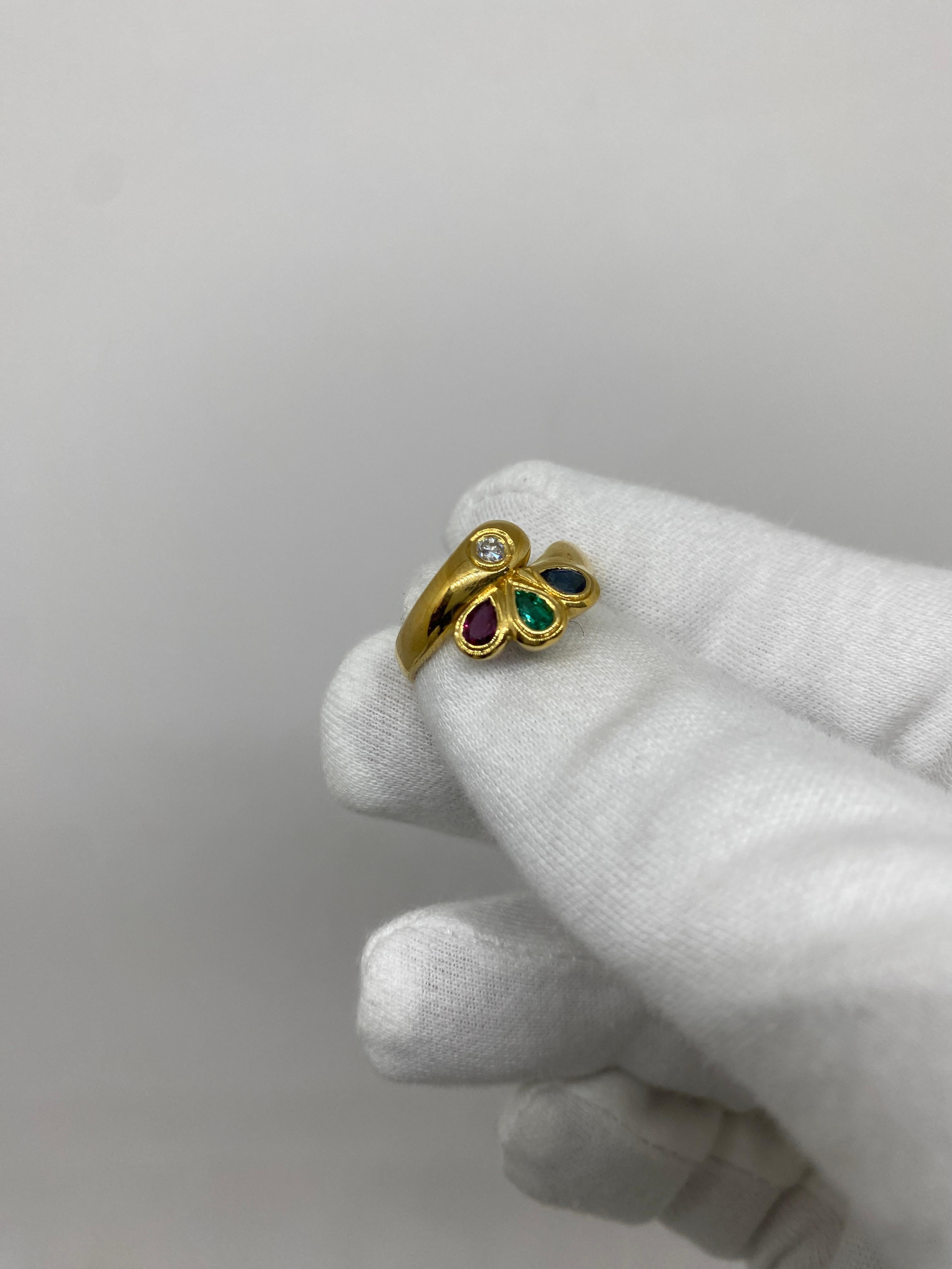 18Kt Yellow Gold Ring White Diamond, Ruby, Emerald & Blue Sapphire For Sale 1