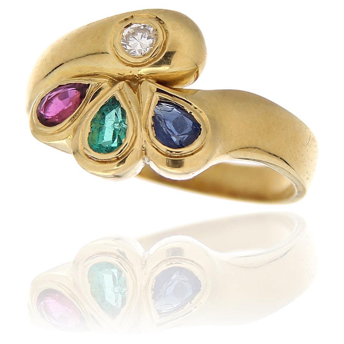 18Kt Yellow Gold Ring White Diamond, Ruby, Emerald & Blue Sapphire For Sale