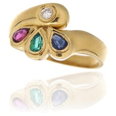 Vintage 18Kt Yellow Gold Ring White Diamond, Ruby, Emerald & Blue Sapphire